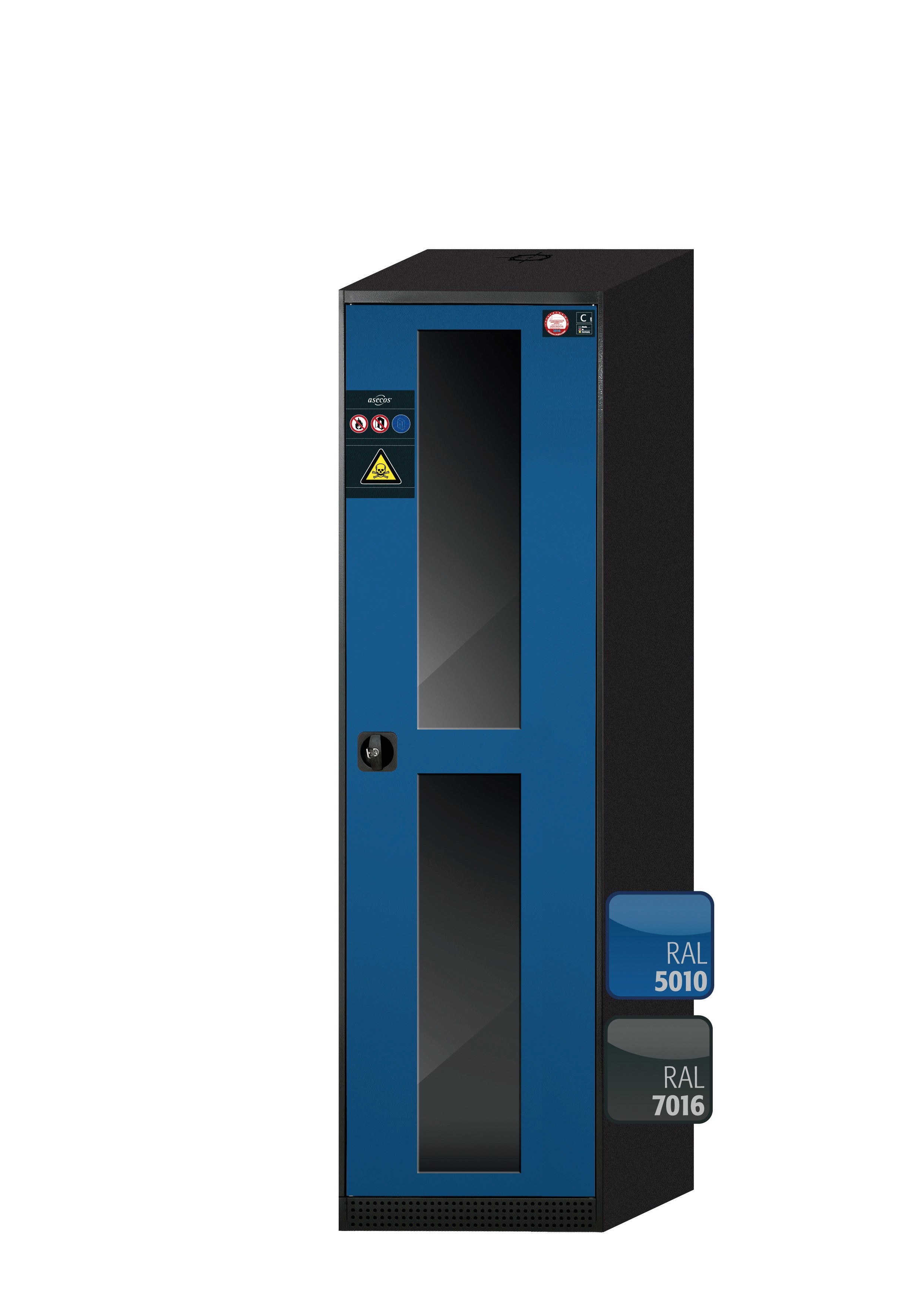 Chemikalienschrank CS-CLASSIC-G Modell CS.195.054.WDFWR in enzianblau RAL 5010 mit 4x Tablarauszug AbZ (Stahlblech/Polypropylen)