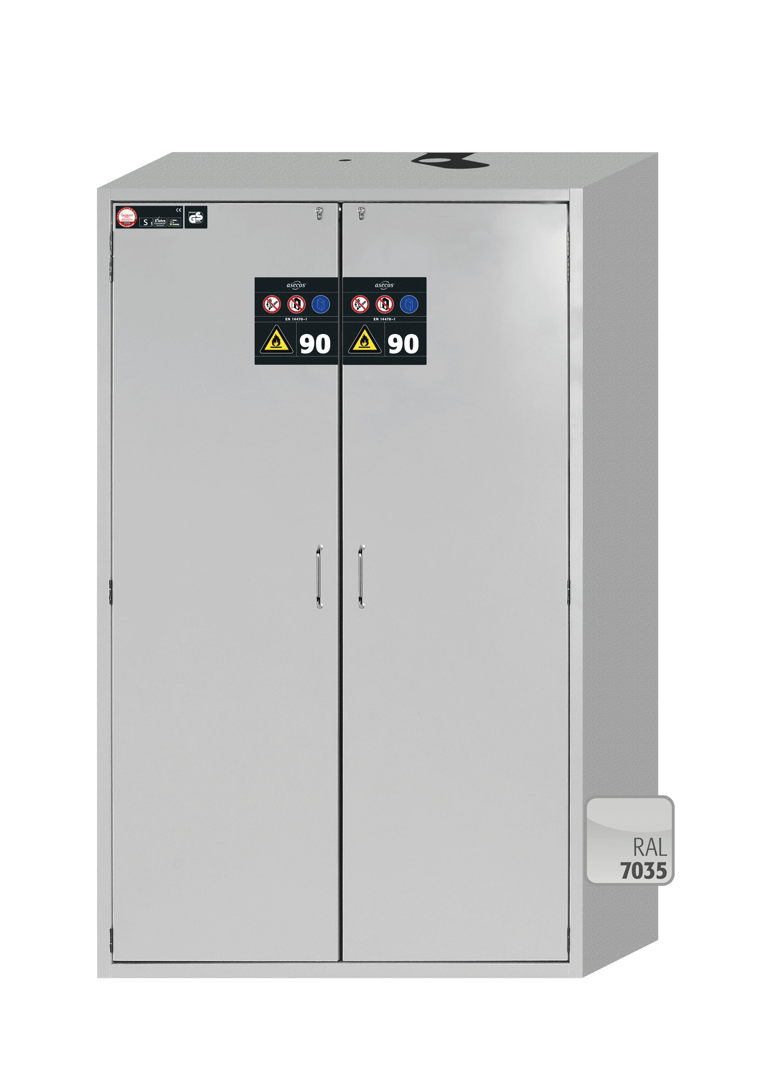 Type 90 safety cabinet S-CLASSIC-90 model S90.196.120.MV.WDAS in light gray RAL 7035 with 4x standard pull-out tray (sheet steel)