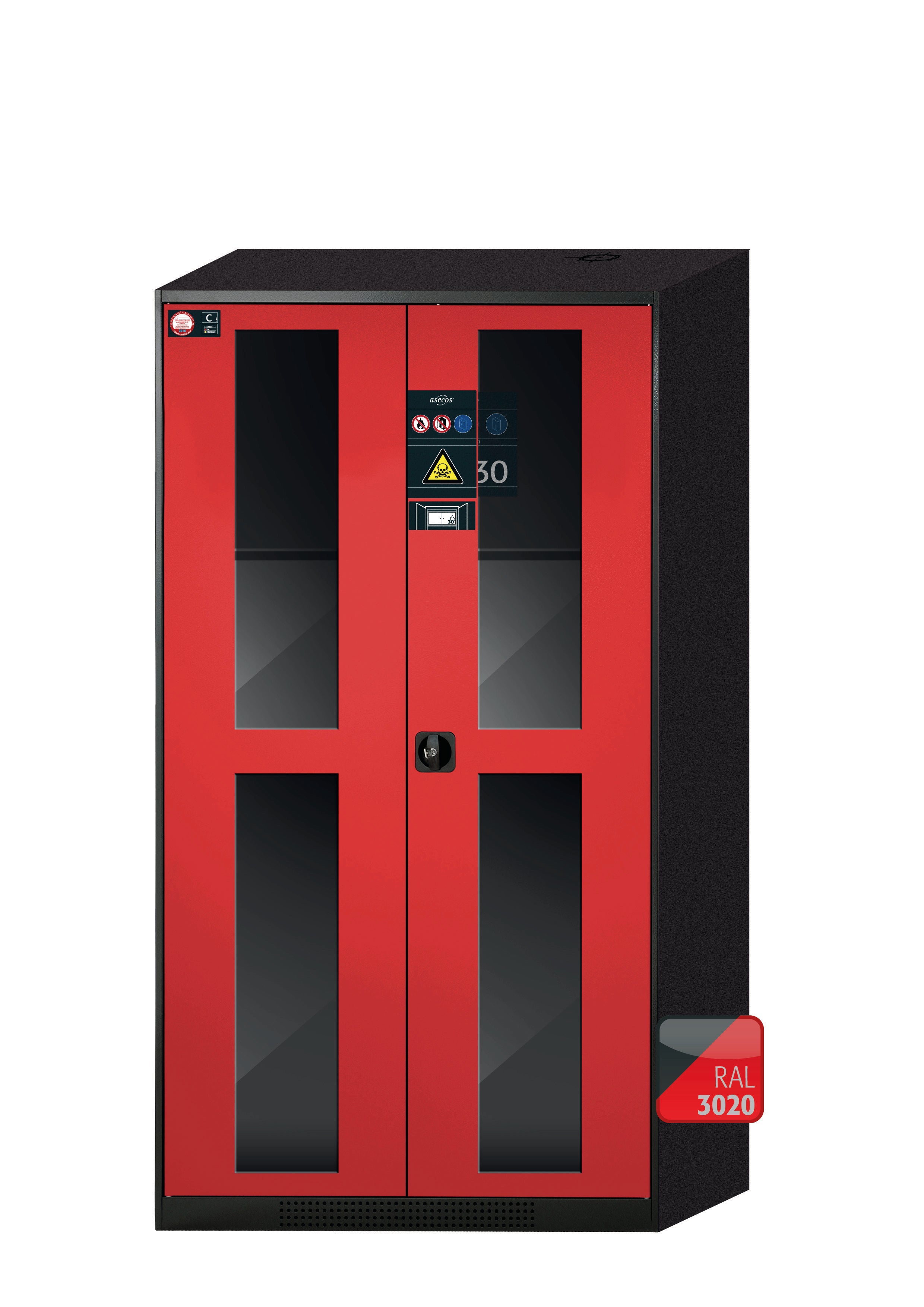 Chemical cabinet with type 30 safety box CS-CLASSIC-GF model CS.195.105.F.WDFW in traffic red RAL 3020 with 2x standard shelves (sheet steel)