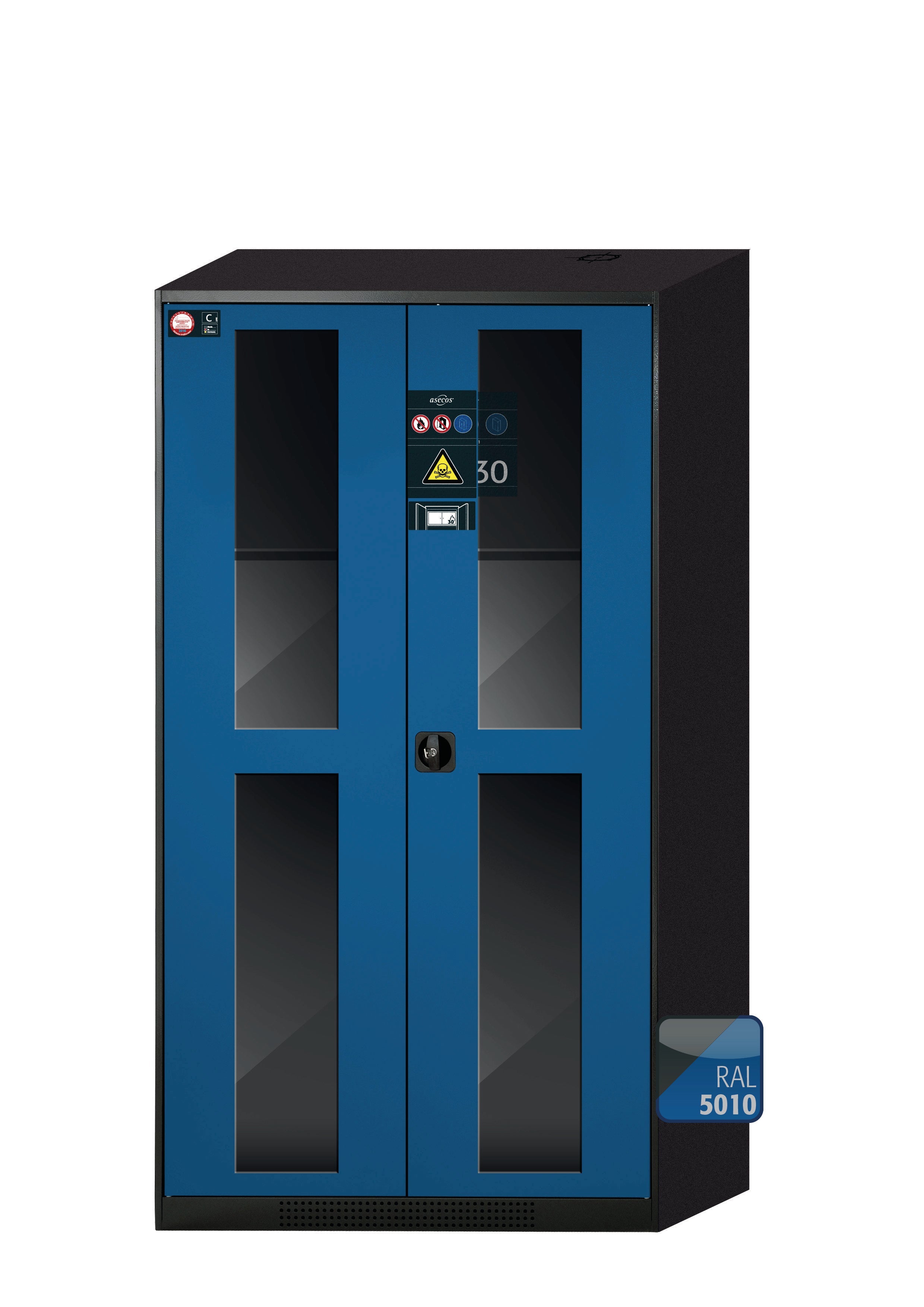 Chemical cabinet with type 30 safety box CS-CLASSIC-GF model CS.195.105.F.WDFW in gentian blue RAL 5010 with 2x standard shelves (sheet steel)