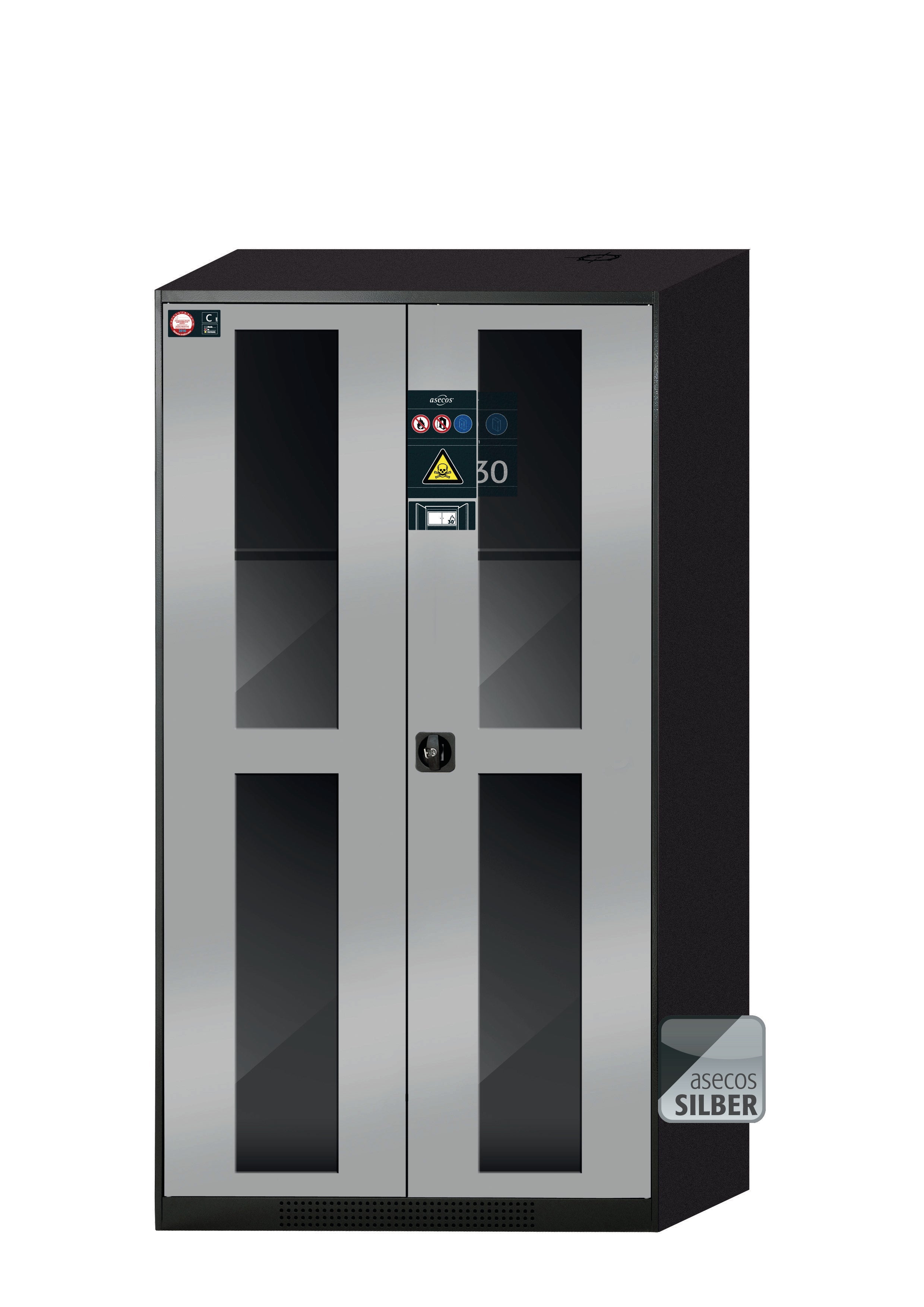 Chemikalienschrank mit Typ-30-Sicherheitsbox CS-CLASSIC-GF Modell CS.195.105.F.WDFW in asecos Silber mit 2x Fachboden Standard (Stahlblech)