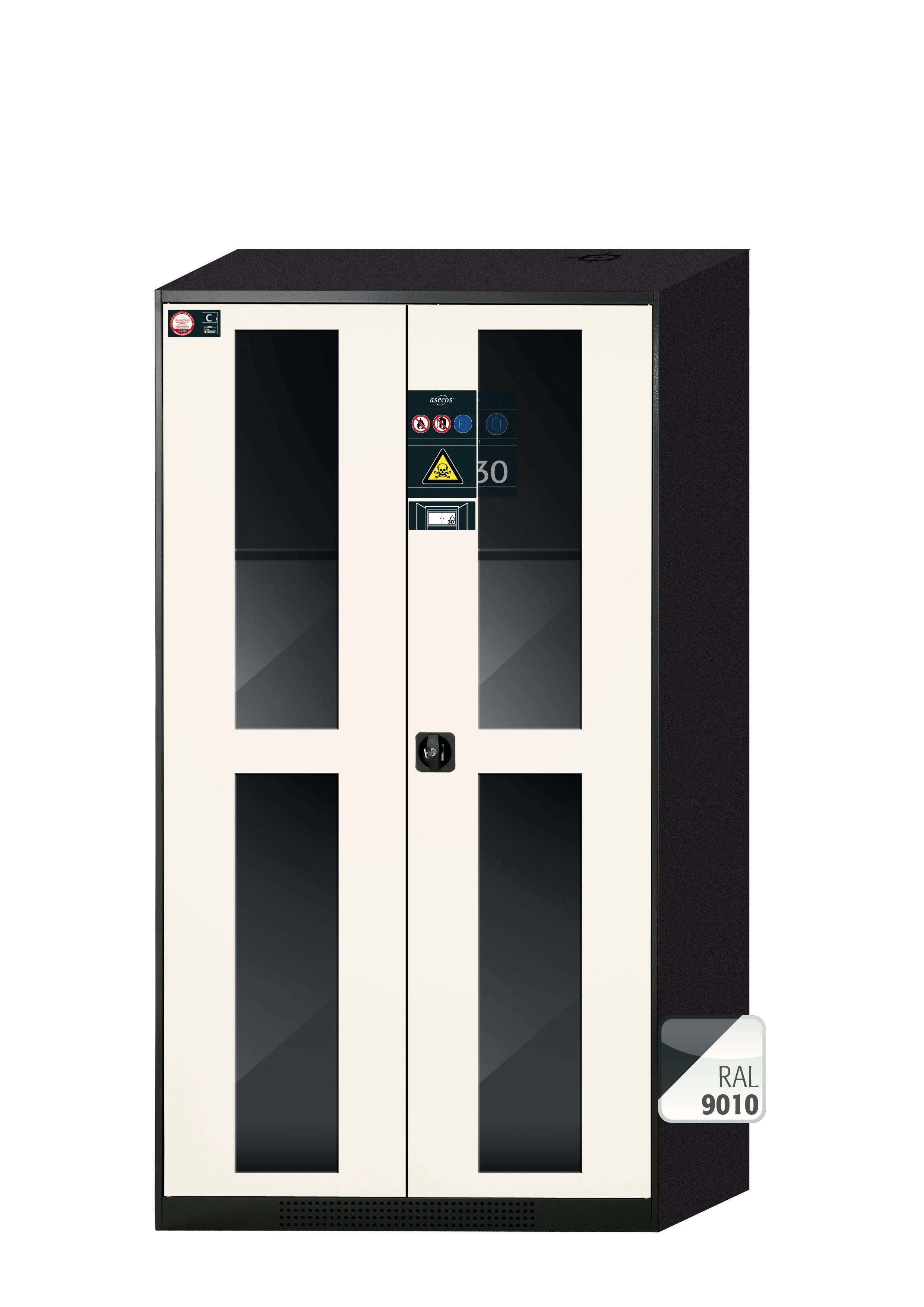 Chemikalienschrank mit Typ-30-Sicherheitsbox CS-CLASSIC-GF Modell CS.195.105.F.WDFW in reinweiss RAL 9010 mit 2x Fachboden Standard (Stahlblech)