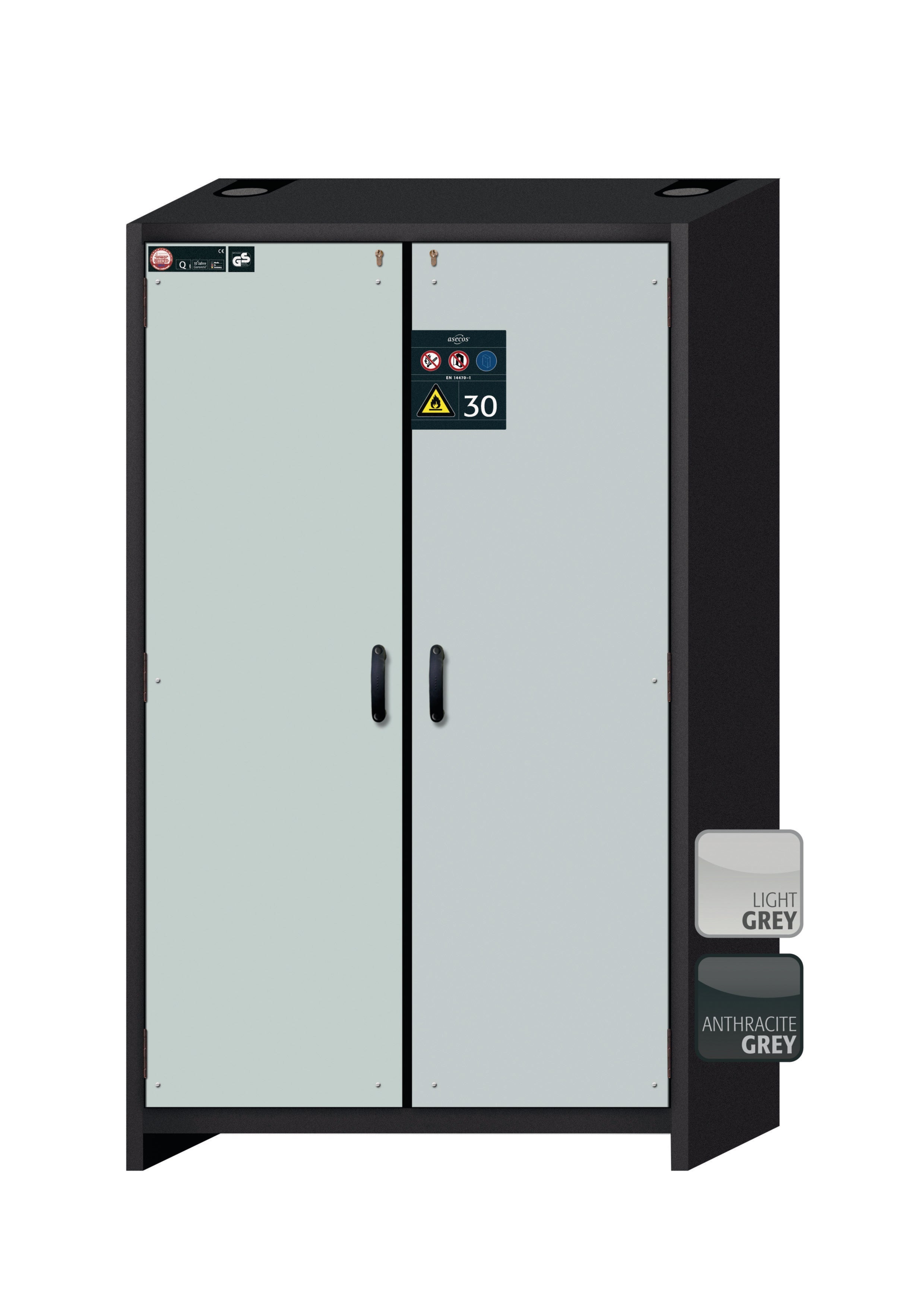 Type 30 safety cabinet Q-CLASSIC-30 model Q30.195.116 in light gray RAL 7035 with 2x standard shelves (stainless steel 1.4301)