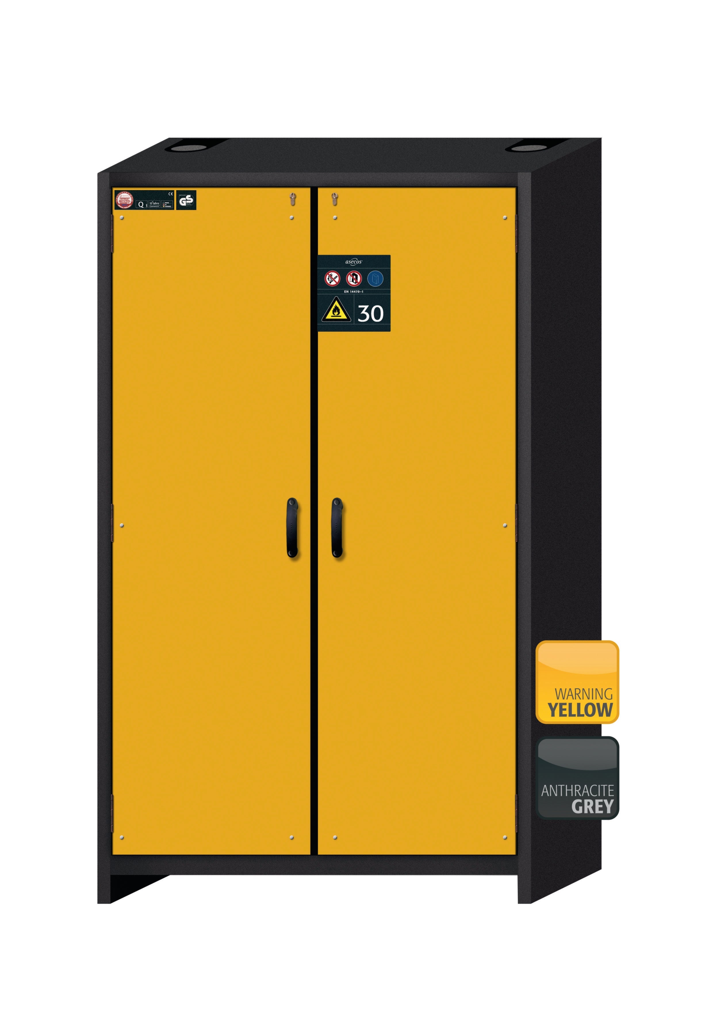Armoire de sécurité type 30 Q-CLASSIC-30 modèle Q30.195.116 en jaune sécurité RAL 1004 avec 2x étagères standard (tôle d'acier)