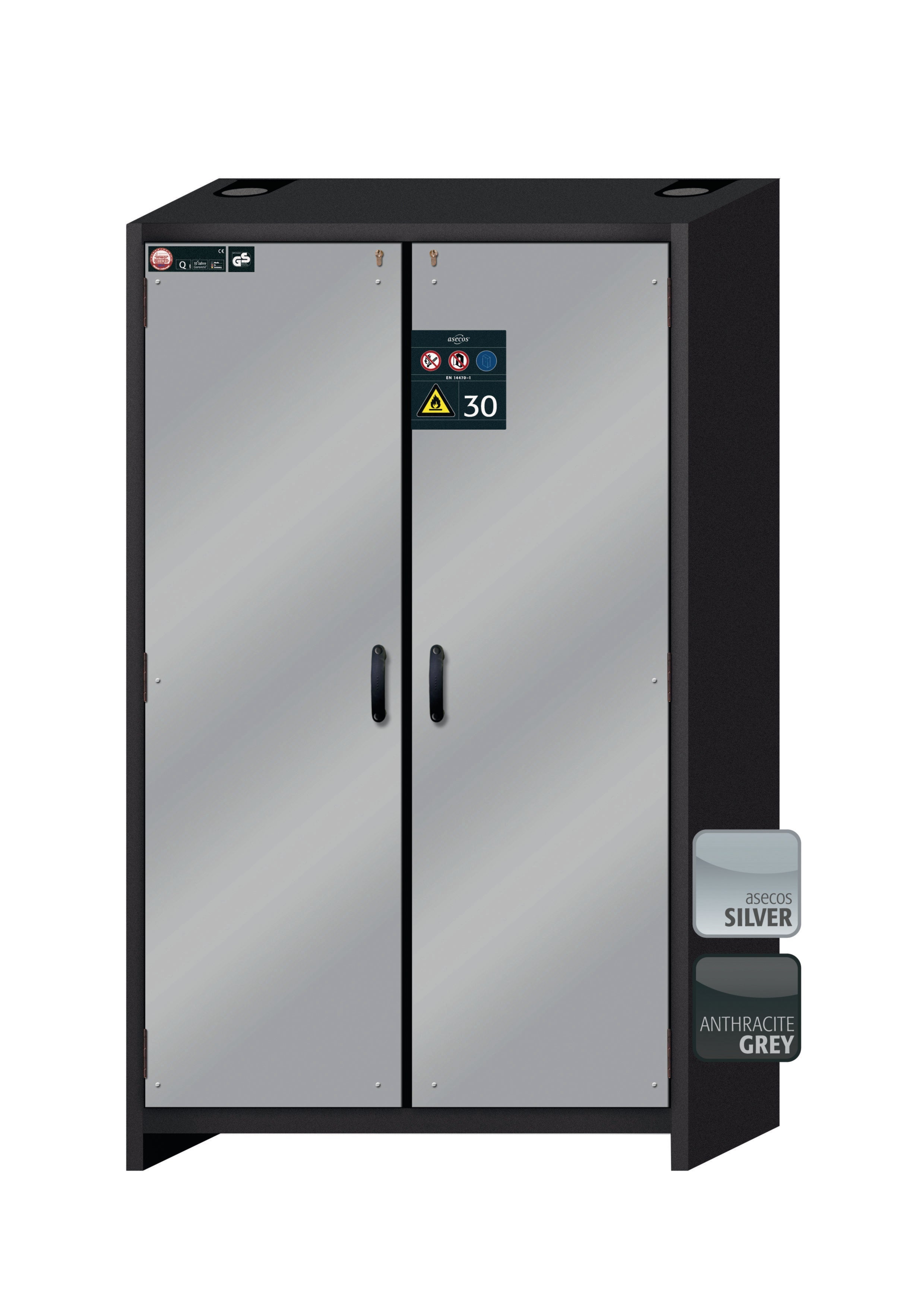 Armoire de sécurité type 30 Q-CLASSIC-30 modèle Q30.195.116 en argent asecos avec 4x plateau coulissant standard (acier inoxydable 1.4301)