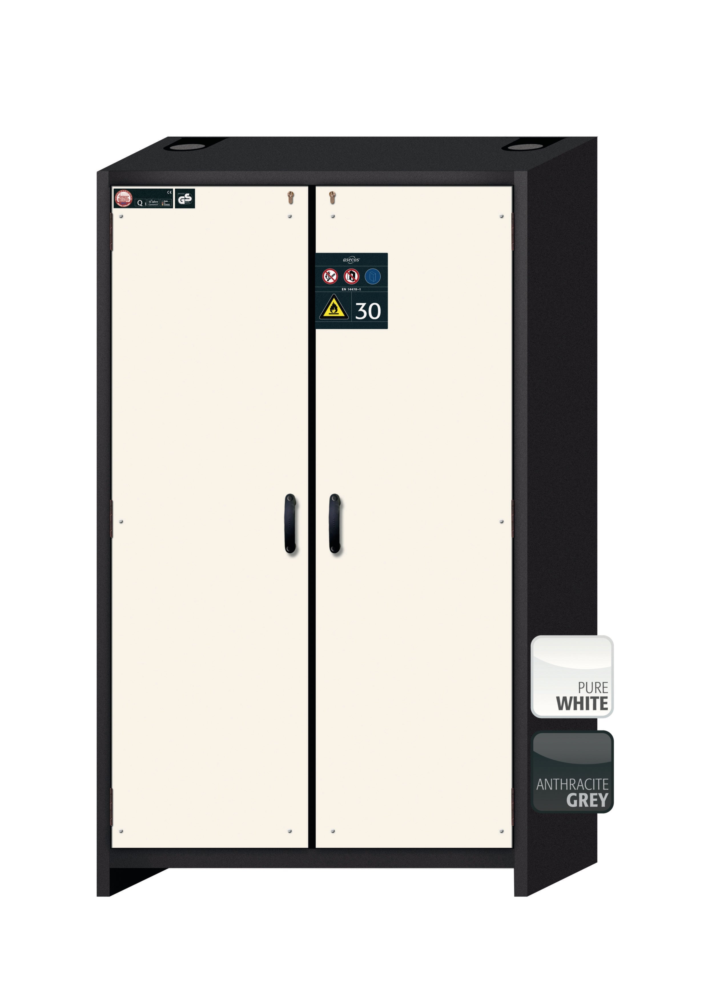 Type 30 safety cabinet Q-CLASSIC-30 model Q30.195.116 in pure white RAL 9010 with 4x standard pull-out tray (stainless steel 1.4301)
