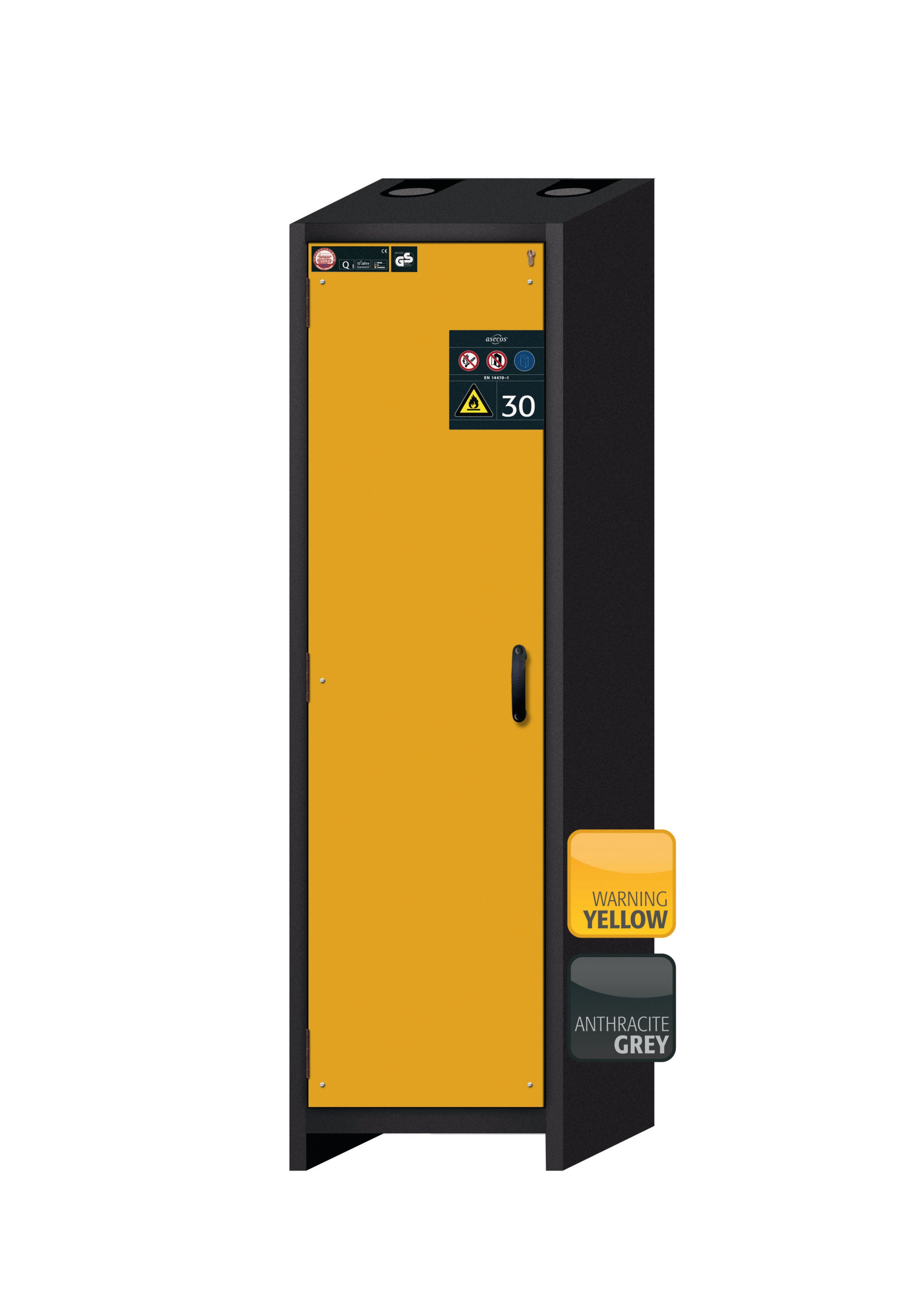 Typ 30 Sicherheitsschrank Q-CLASSIC-30 Modell Q30.195.056 in sicherheitsgelb RAL 1004 mit 2x Fachboden Standard (Edelstahl 1.4301)