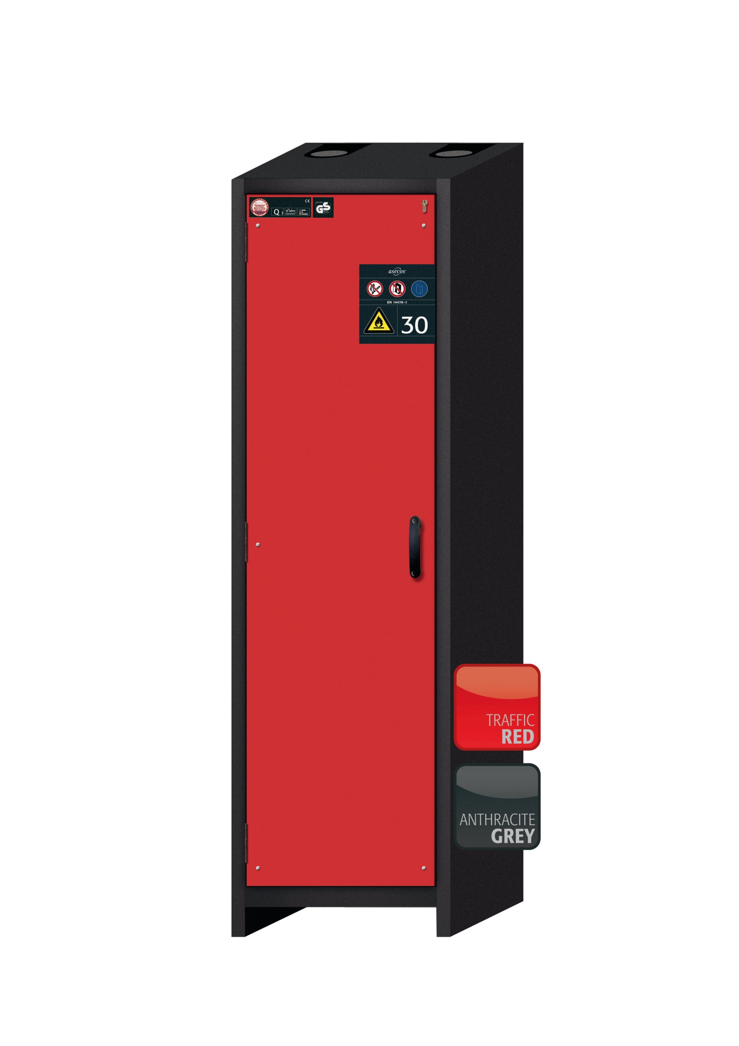 Armoire de sécurité type 30 Q-CLASSIC-30 modèle Q30.195.056 en rouge signalisation RAL 3020 avec 2x pieds de plateau standard (polypropylène)