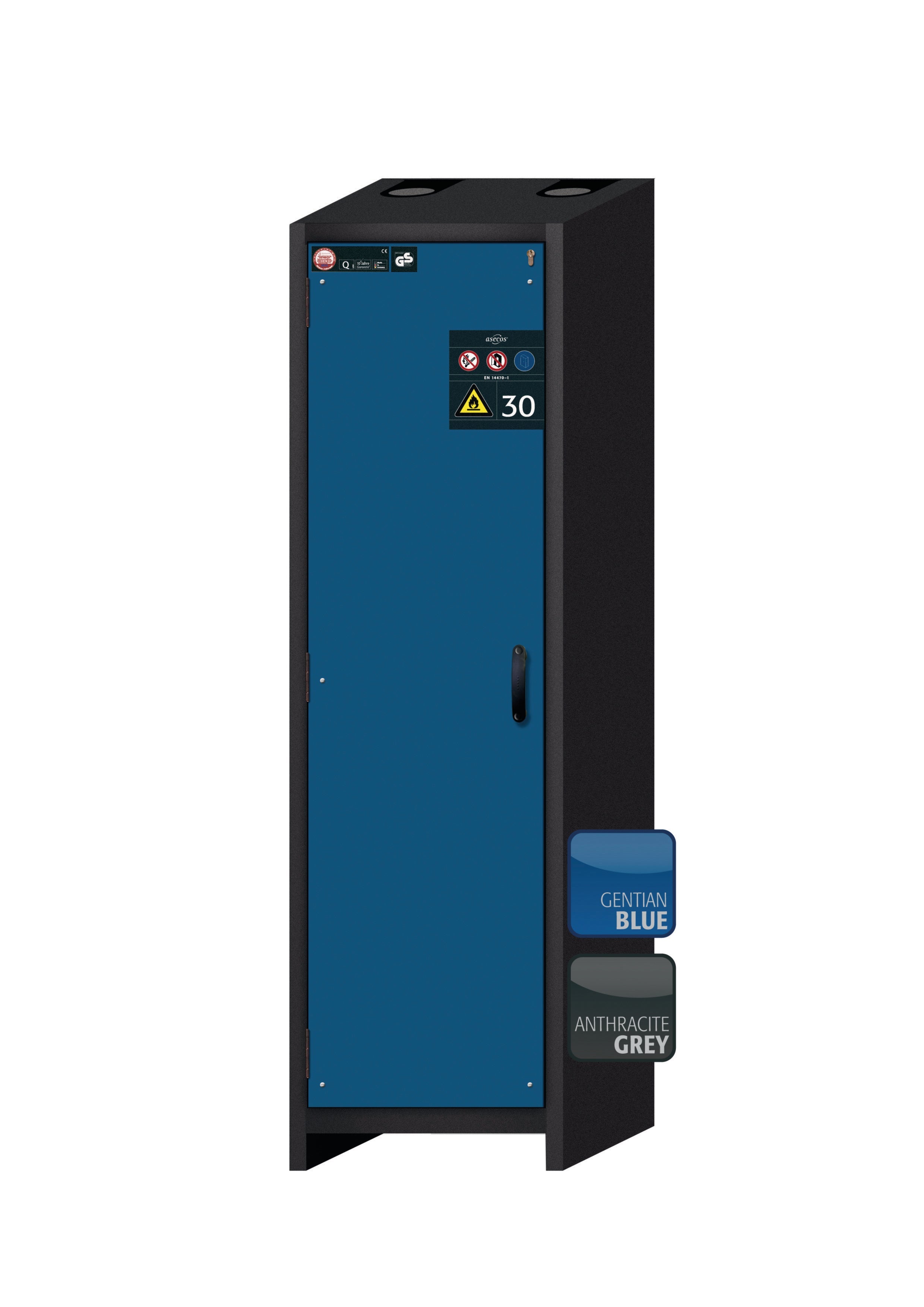 Type 30 safety cabinet Q-CLASSIC-30 model Q30.195.056 in gentian blue RAL 5010 with 6x standard pull-out tray (sheet steel)