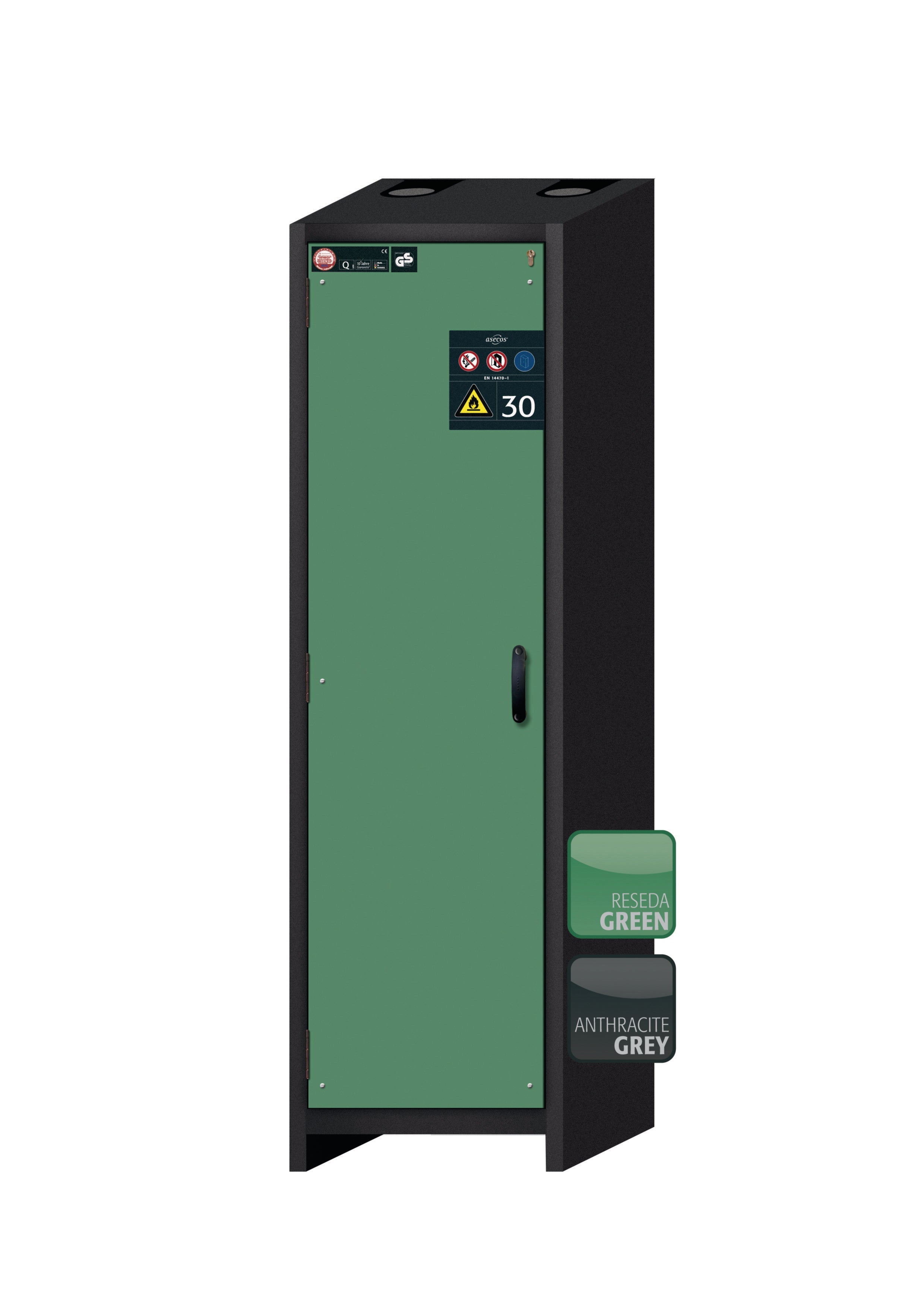 Typ 30 Sicherheitsschrank Q-CLASSIC-30 Modell Q30.195.056 in resedagrün RAL 6011 mit 6x Auszugswanne Standard (Edelstahl 1.4301)