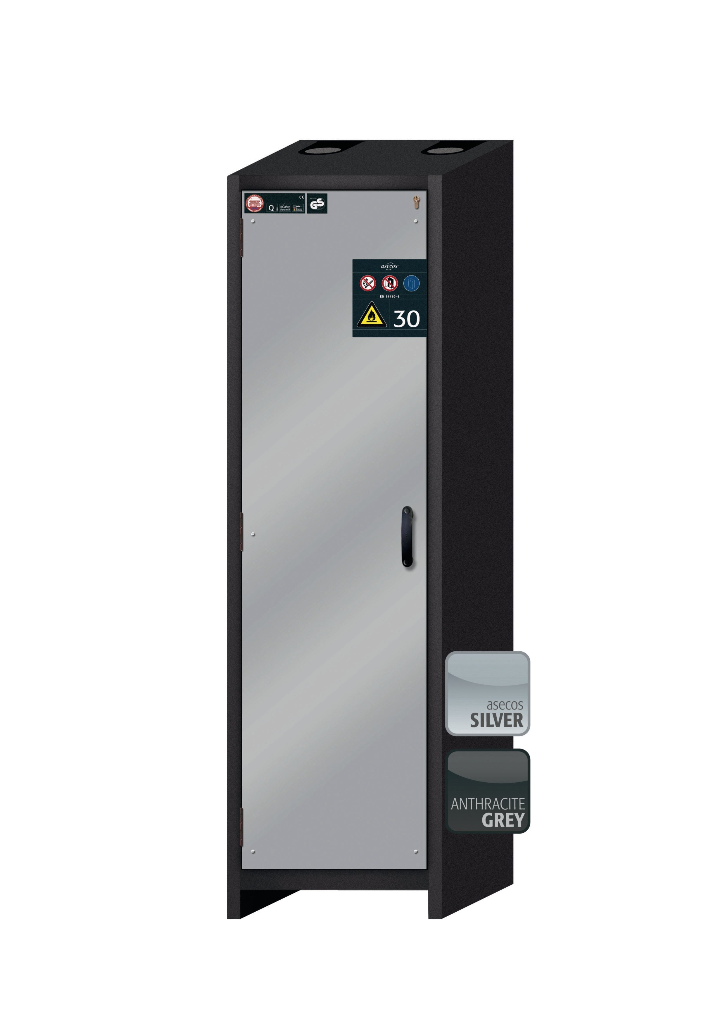 Typ 30 Sicherheitsschrank Q-CLASSIC-30 Modell Q30.195.056 in asecos Silber mit 4x Auszugswanne Standard (Stahlblech)
