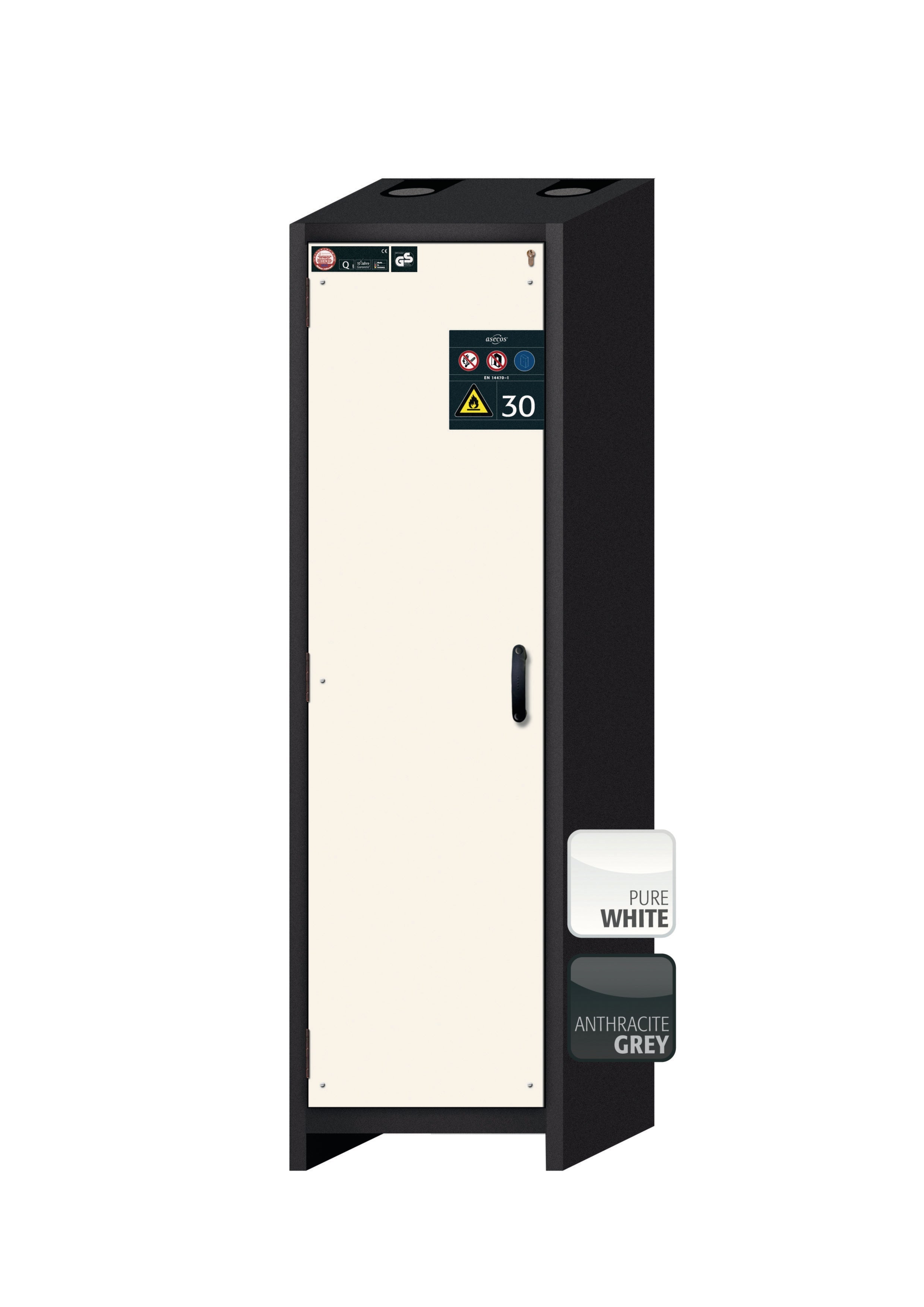 Armoire de sécurité type 30 Q-CLASSIC-30 modèle Q30.195.056 en blanc pur RAL 9010 avec 2x base à plateau standard (acier inoxydable 1.4301)