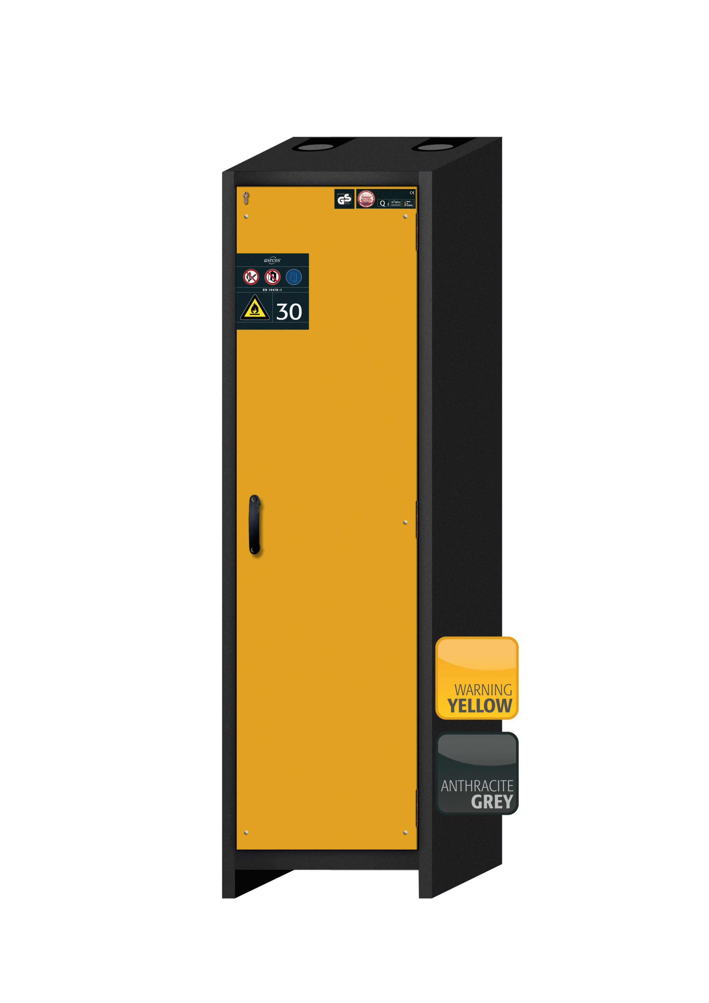 Armoire de sécurité type 30 Q-CLASSIC-30 modèle Q30.195.056.R en jaune de sécurité RAL 1004 avec 3 plateaux coulissants standard (acier inoxydable 1.4301)