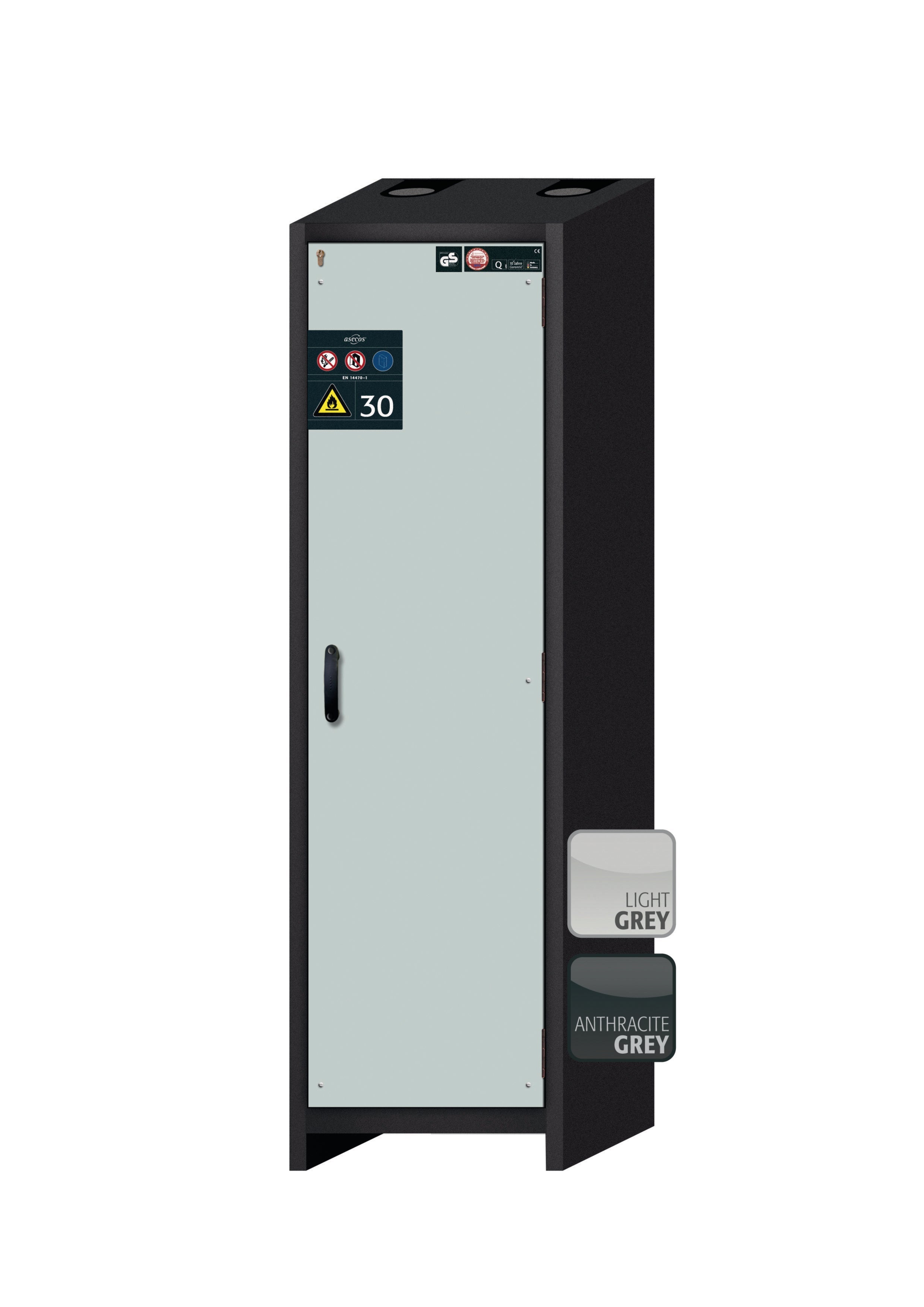 Armoire de sécurité type 30 Q-CLASSIC-30 modèle Q30.195.056.R en gris clair RAL 7035 avec 2x base à plateau standard (tôle d'acier)