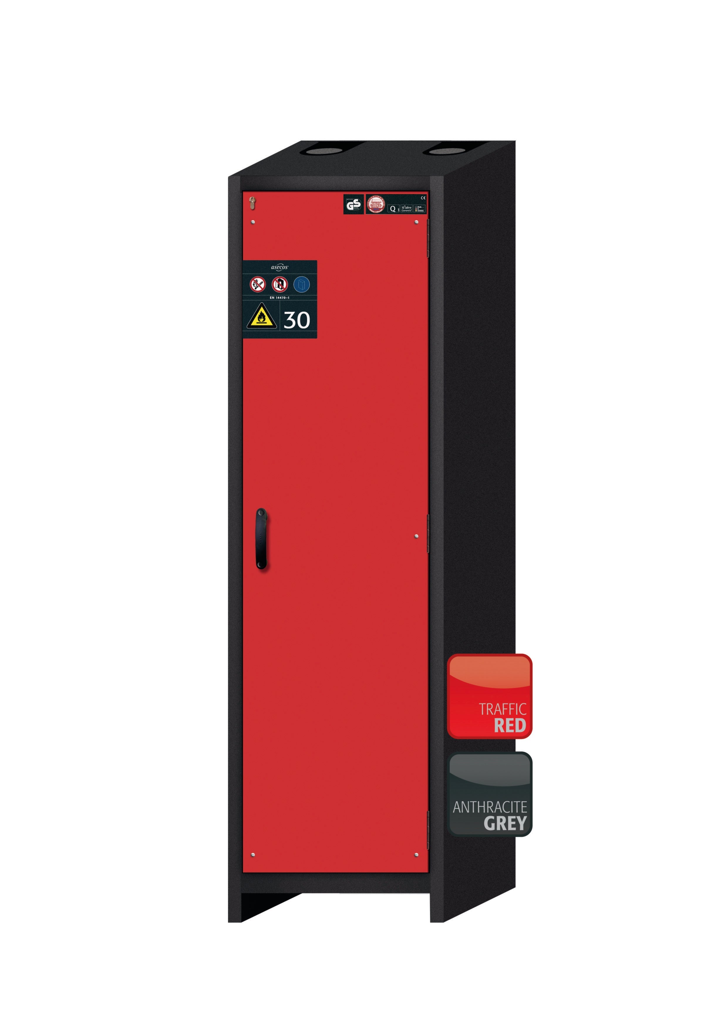 Type 30 safety cabinet Q-CLASSIC-30 model Q30.195.056.R in traffic red RAL 3020 with 2x standard pull-out tray (stainless steel 1.4301)