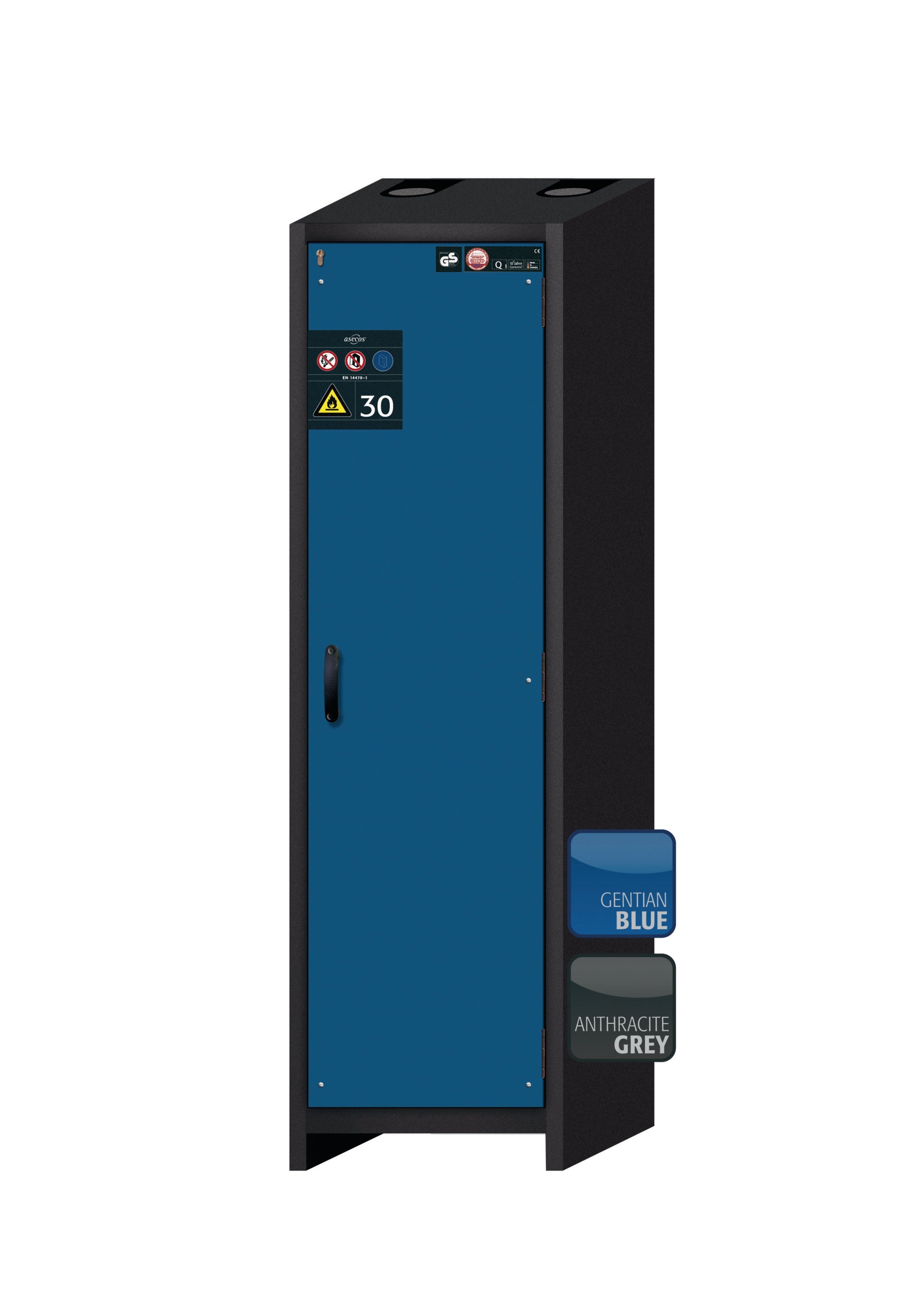 Type 30 safety cabinet Q-CLASSIC-30 model Q30.195.056.R in gentian blue RAL 5010 with 2x standard pull-out tray (sheet steel)