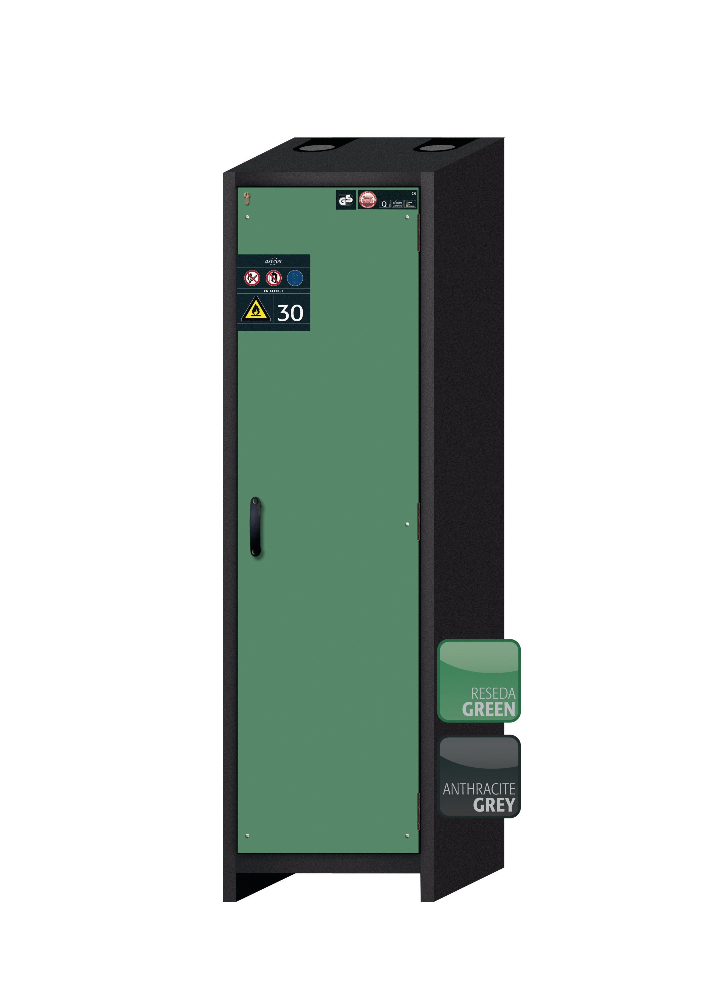 Typ 30 Sicherheitsschrank Q-CLASSIC-30 Modell Q30.195.056.R in resedagrün RAL 6011 mit 4x Auszugswanne Standard (Edelstahl 1.4301)