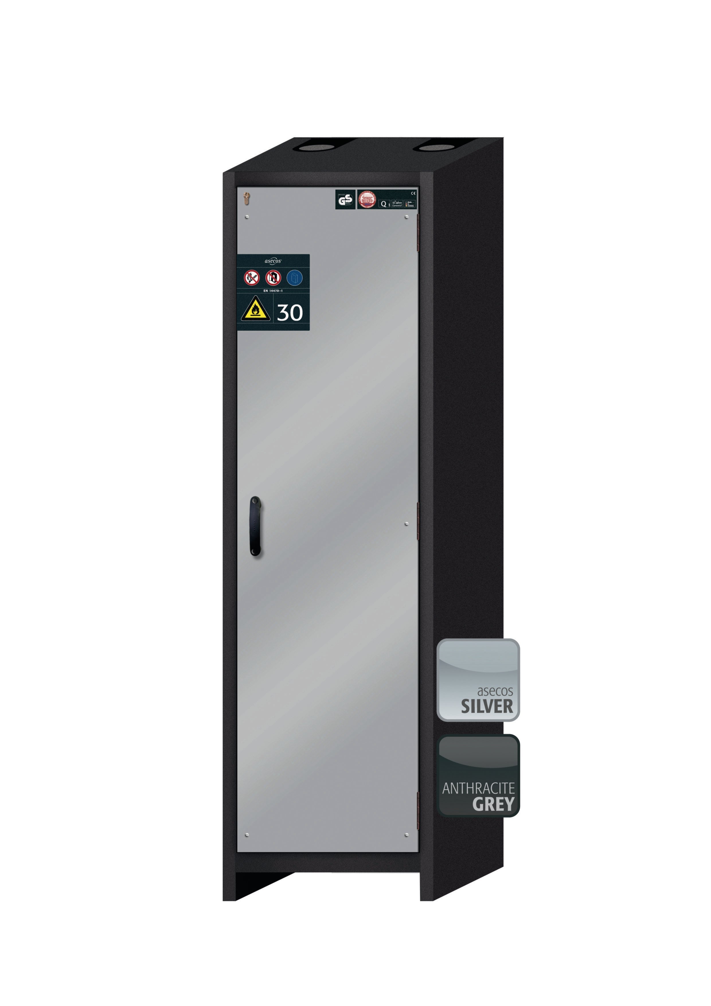 Type 30 safety cabinet Q-CLASSIC-30 model Q30.195.056.R in asecos silver with 2x standard shelves (sheet steel)