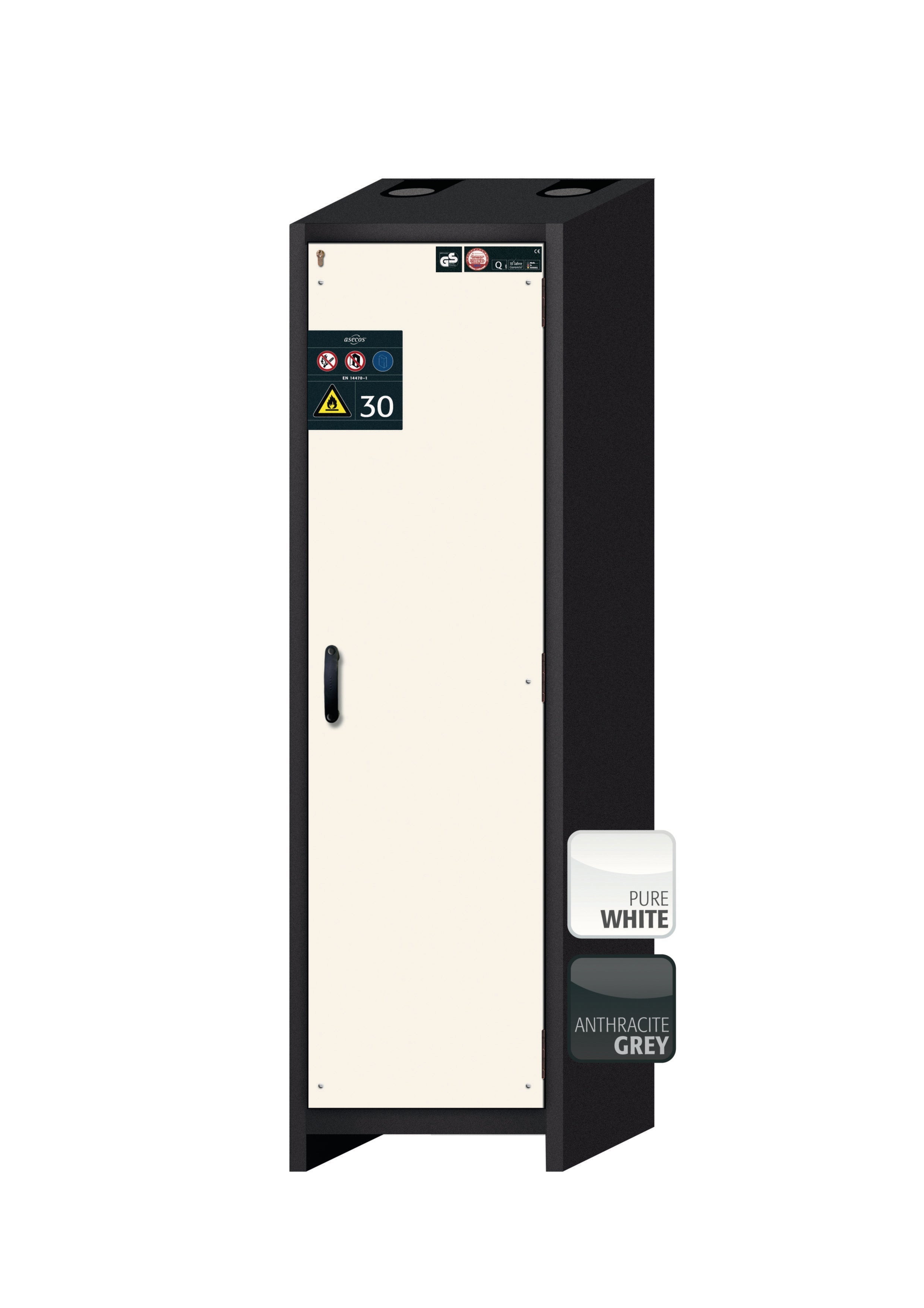 Type 30 safety cabinet Q-CLASSIC-30 model Q30.195.056.R in pure white RAL 9010 with 2x standard pull-out tray (sheet steel)