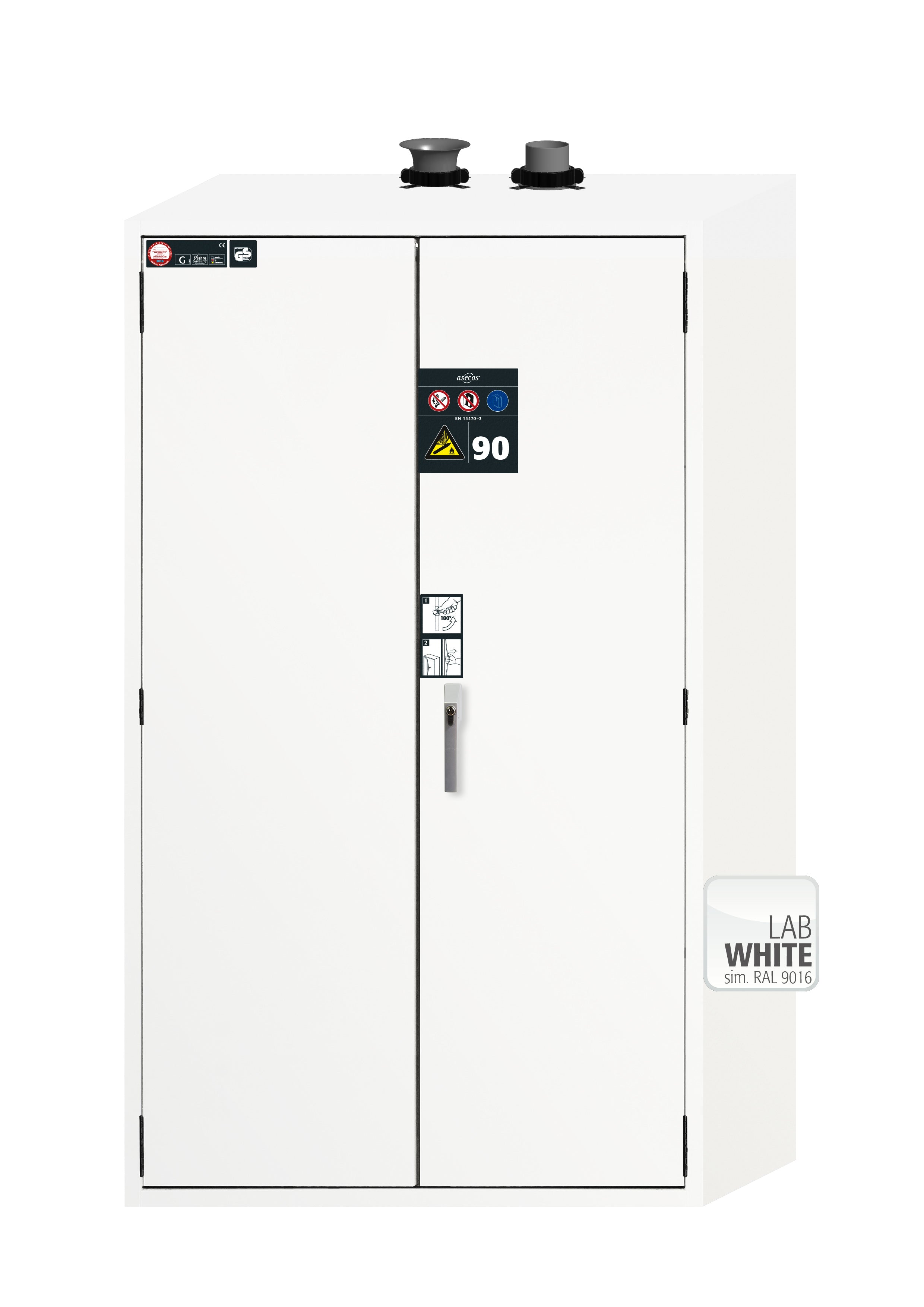 Type 90 compressed gas bottle cabinet G-ULTIMATE-90 model G90.205.120 in laboratory white (similar to RAL 9016) with for 4x compressed gas bottles of 50 liters each
