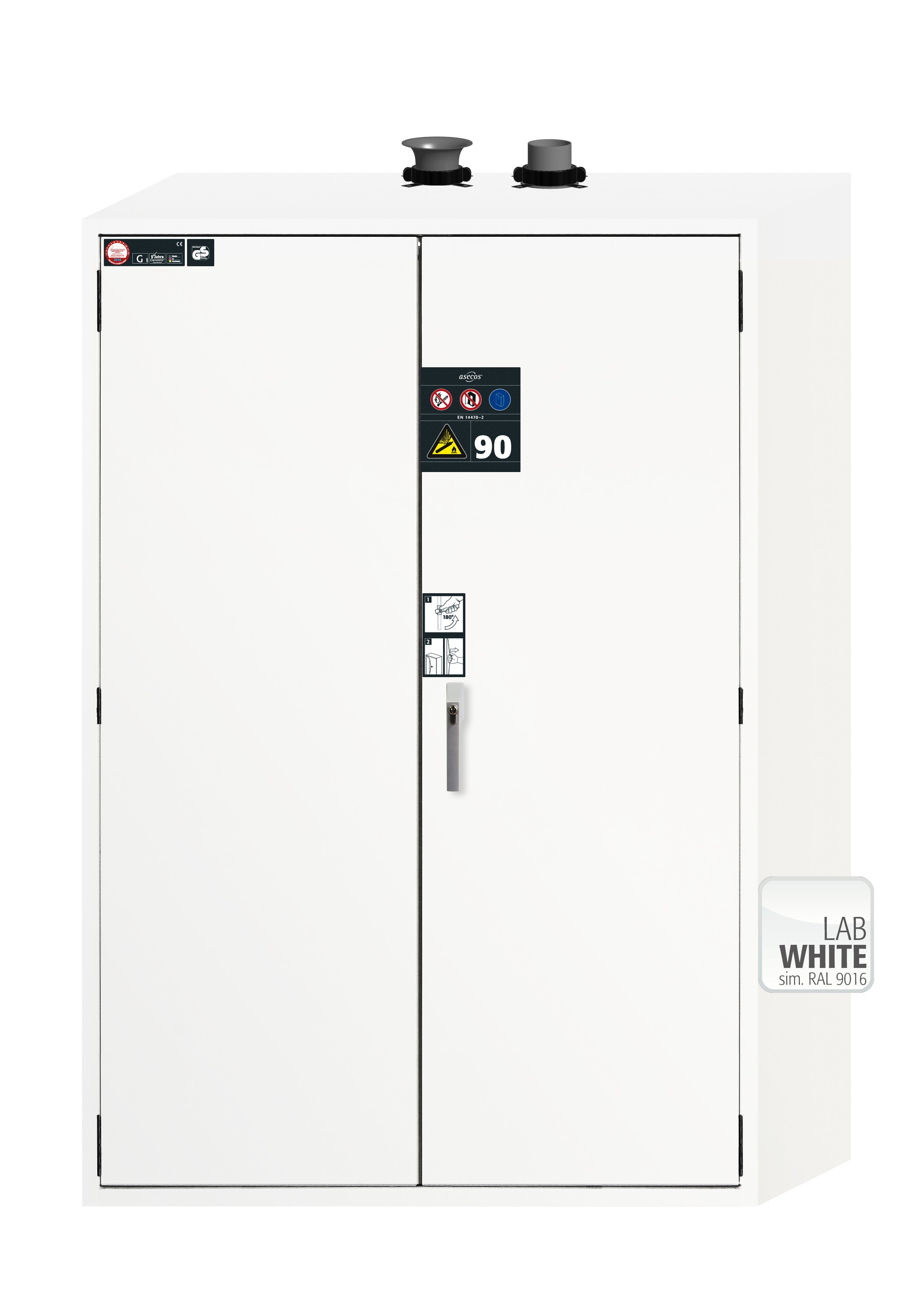 Type 90 compressed gas bottle cabinet G-ULTIMATE-90 model G90.205.140 in laboratory white (similar to RAL 9016) with for 4x compressed gas bottles of 50 liters each