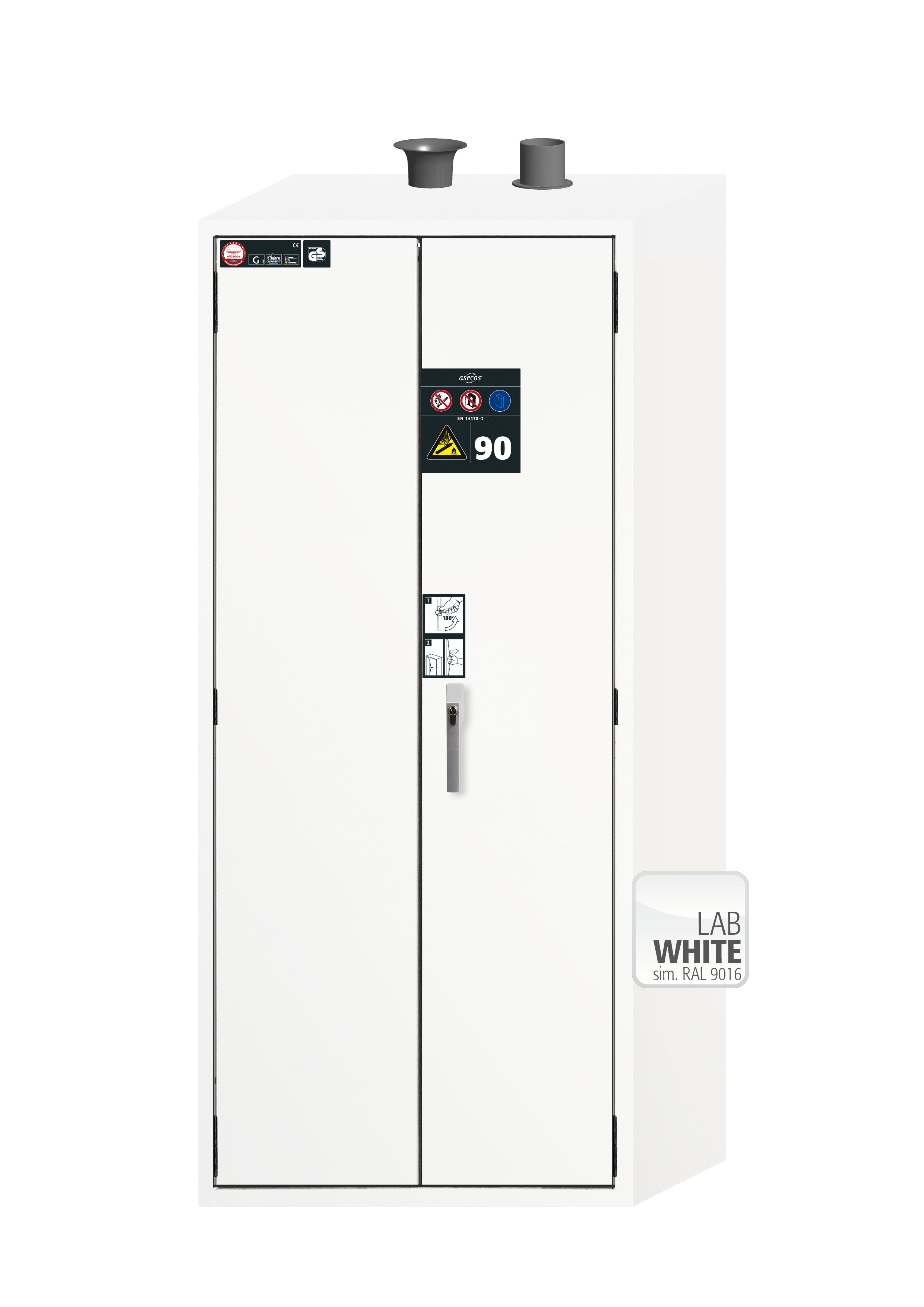 Armoire à bouteilles de gaz comprimé type 90 G-ULTIMATE-90 modèle G90.205.090 en blanc de laboratoire (similaire à RAL 9016) avec pour 3 bouteilles de gaz comprimé de 50 litres chacune