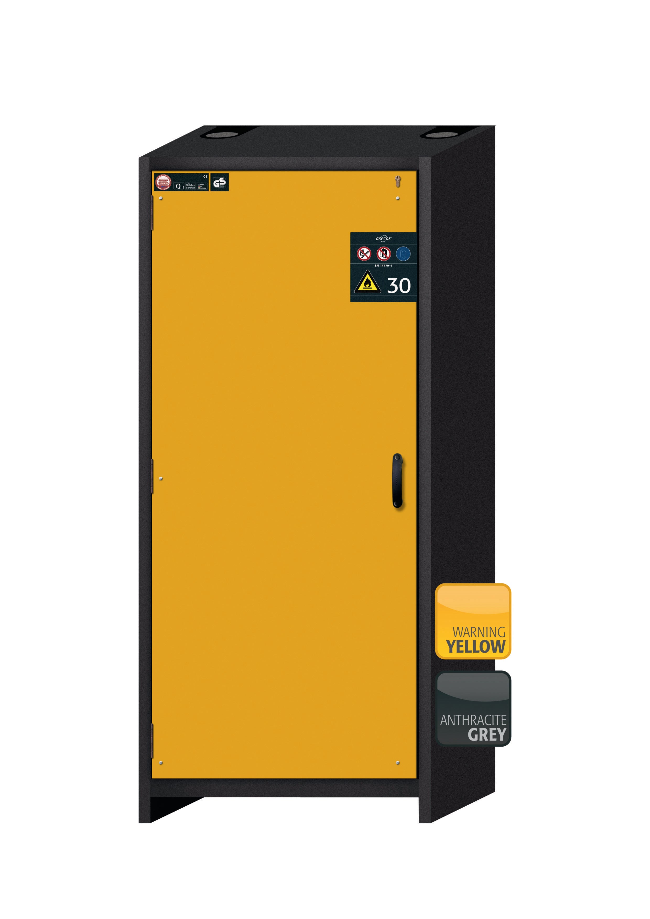 Typ 30 Sicherheitsschrank Q-CLASSIC-30 Modell Q30.195.086.WD in sicherheitsgelb RAL 1004 mit 5x Auszugswanne Standard (Edelstahl 1.4301)