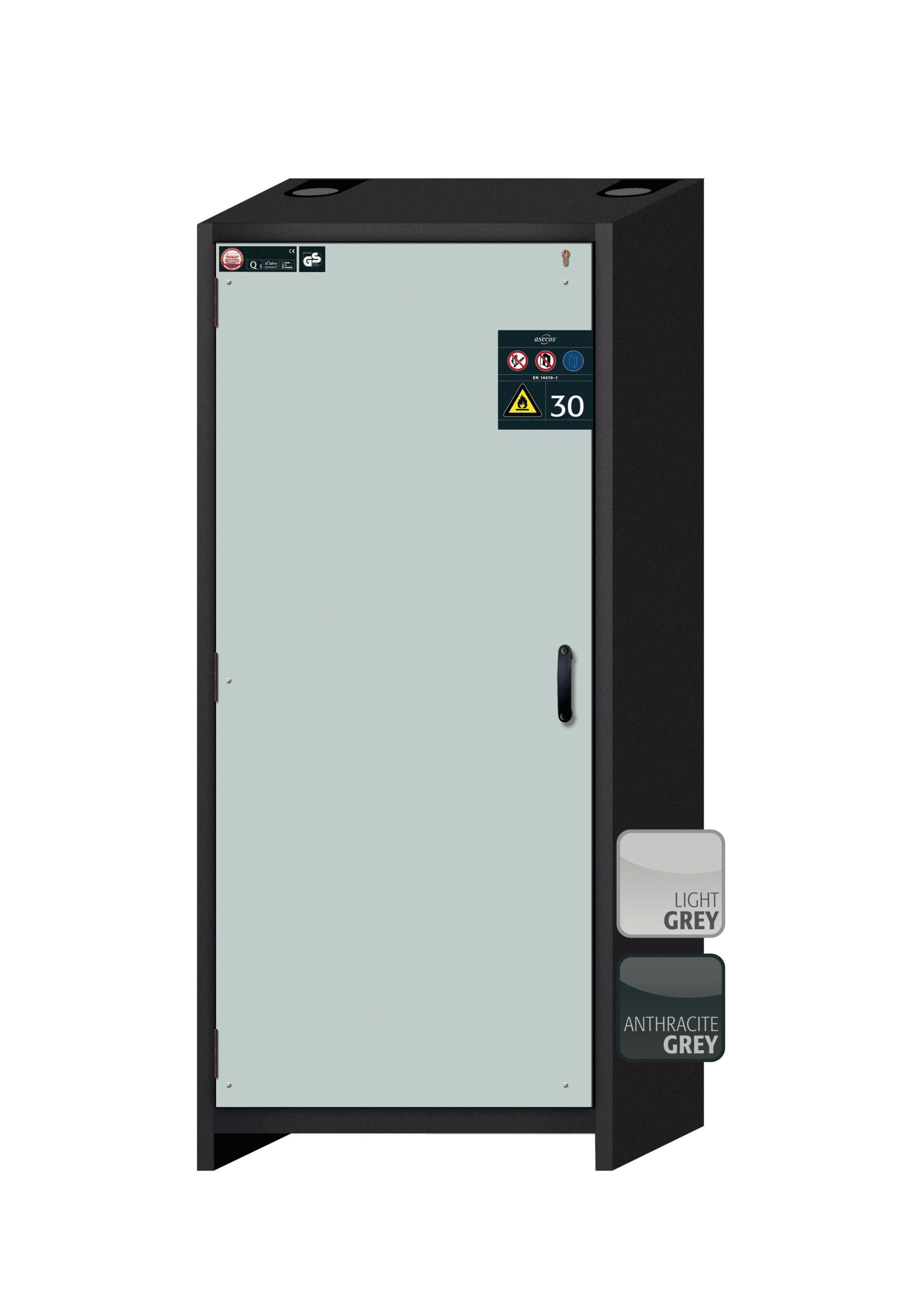 Typ 30 Sicherheitsschrank Q-CLASSIC-30 Modell Q30.195.086.WD in lichtgrau RAL 7035 mit 6x Auszugswanne Standard (Edelstahl 1.4301)