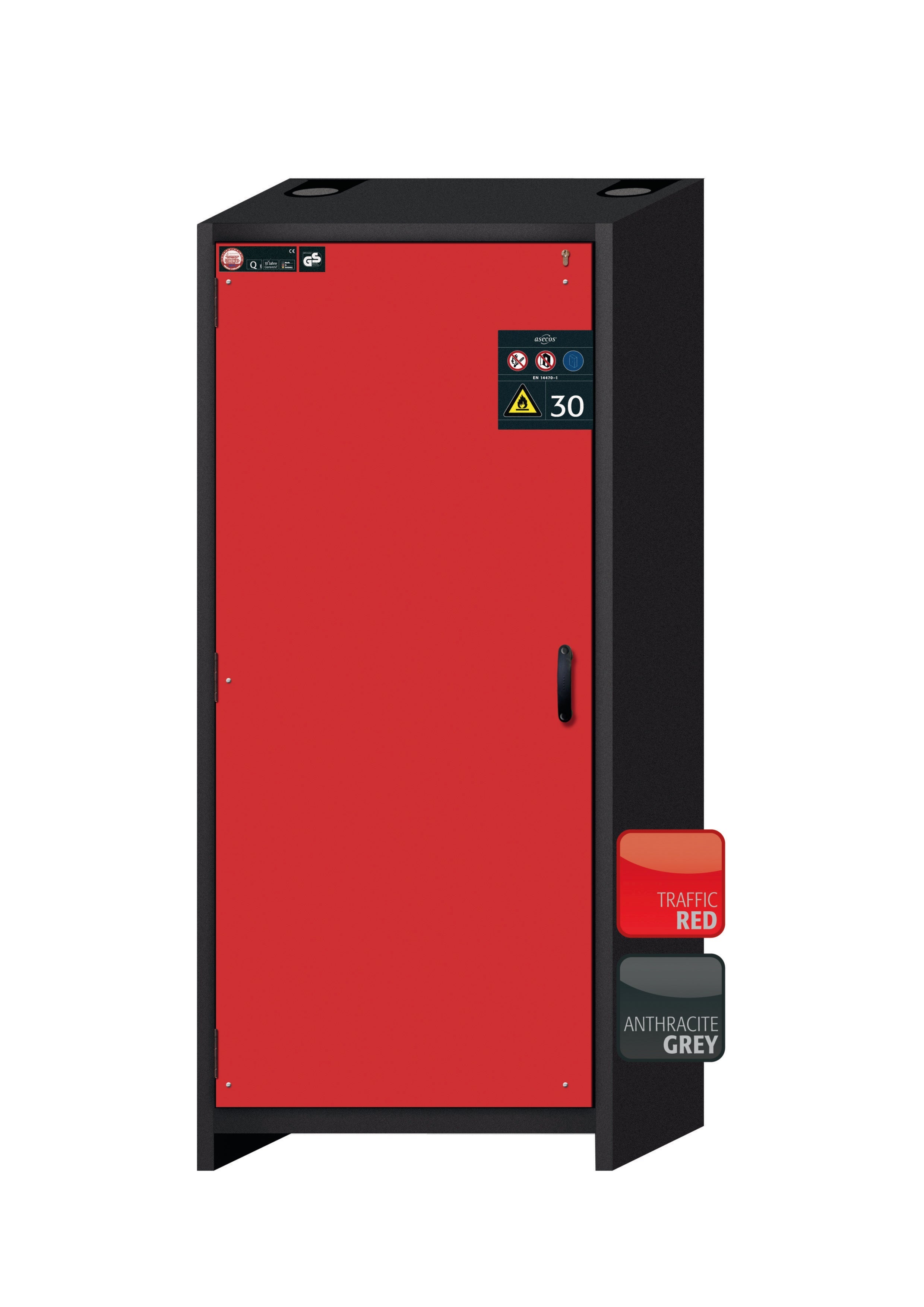 Armoire de sécurité type 30 Q-CLASSIC-30 modèle Q30.195.086.WD en rouge signalisation RAL 3020 avec 5x plateaux coulissants standard (acier inoxydable 1.4301)