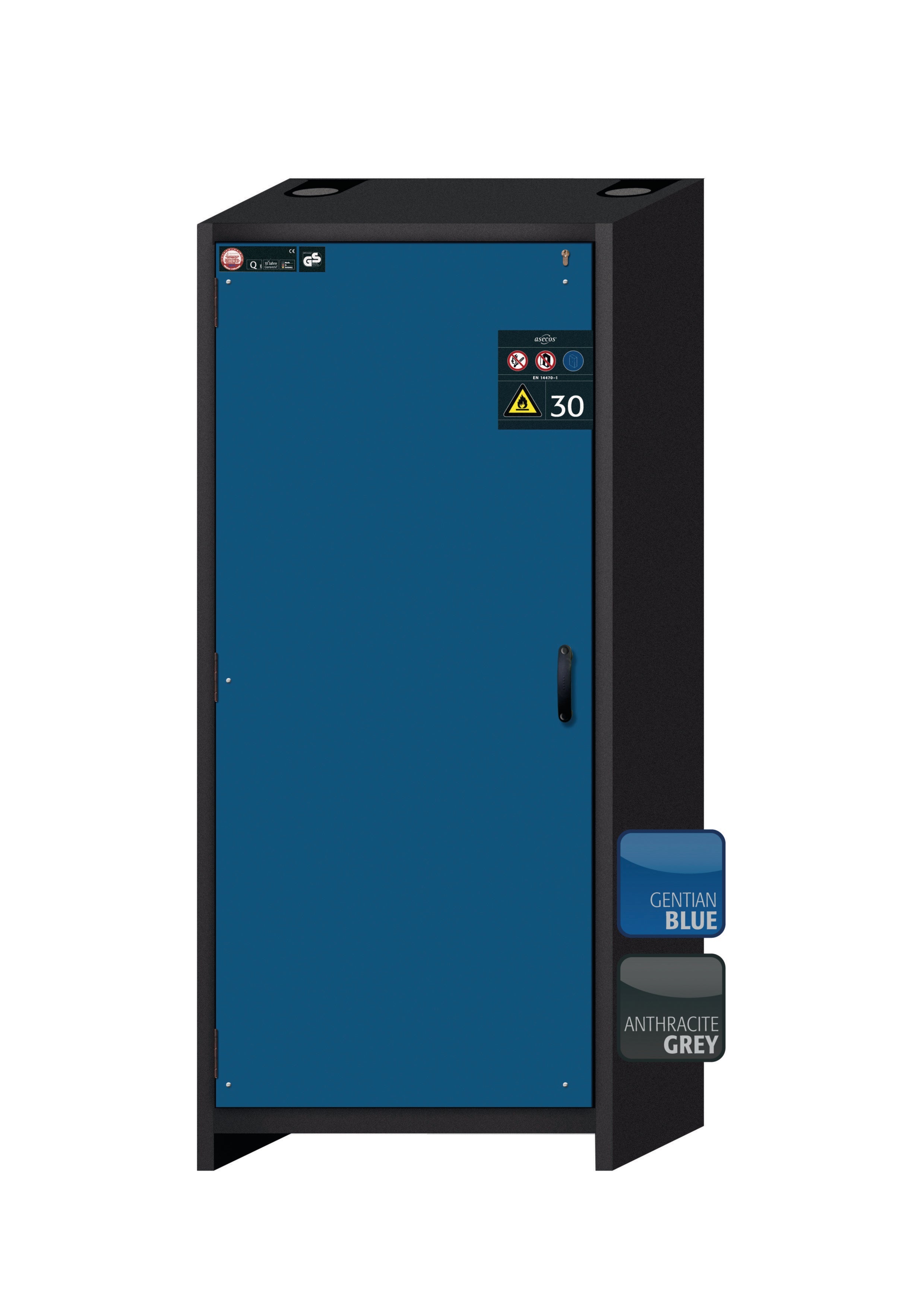 Typ 30 Sicherheitsschrank Q-CLASSIC-30 Modell Q30.195.086.WD in enzianblau RAL 5010 mit 6x Auszugswanne Standard (Stahlblech)