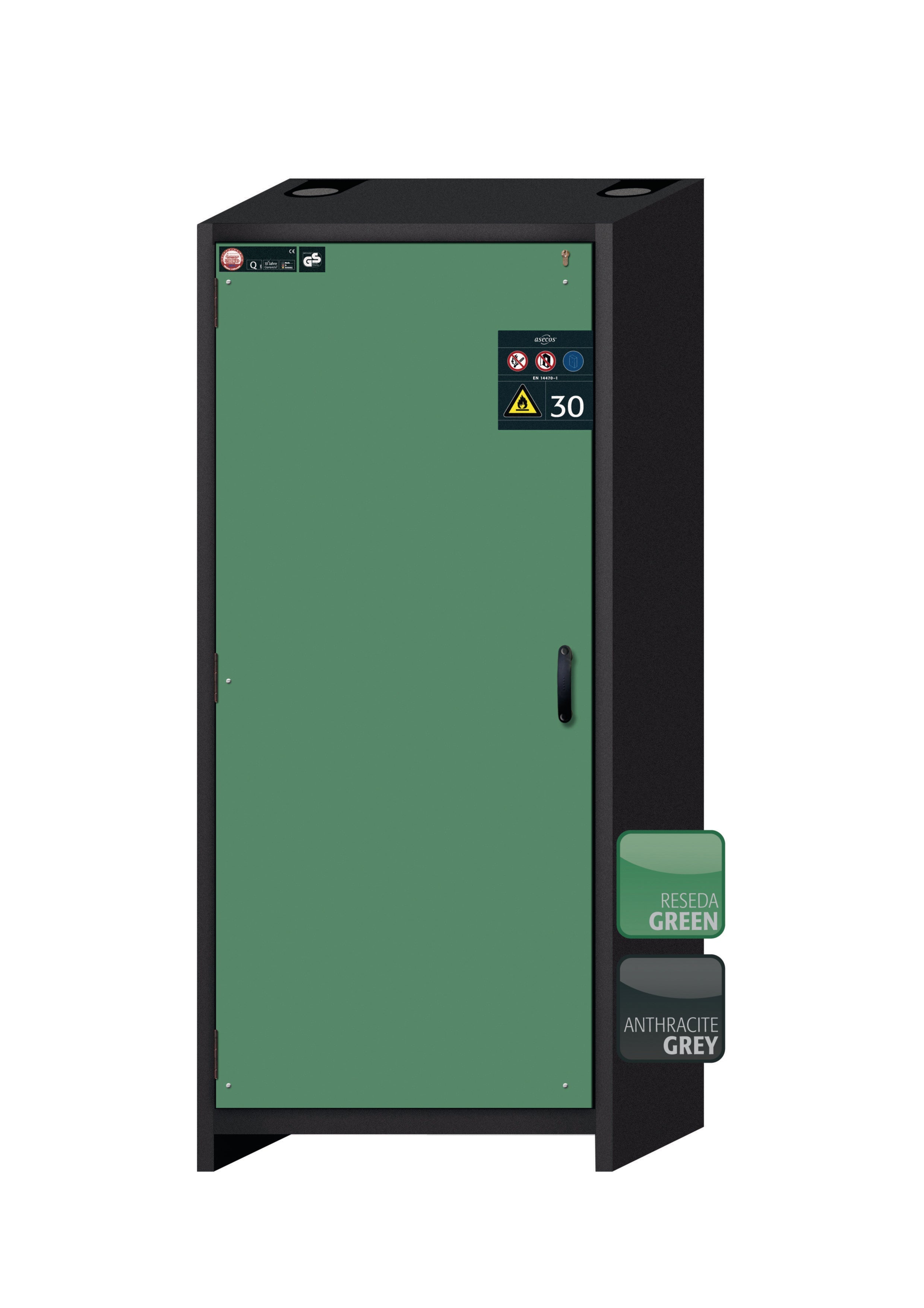 Typ 30 Sicherheitsschrank Q-CLASSIC-30 Modell Q30.195.086.WD in resedagrün RAL 6011 mit 4x Auszugswanne Standard (Edelstahl 1.4301)