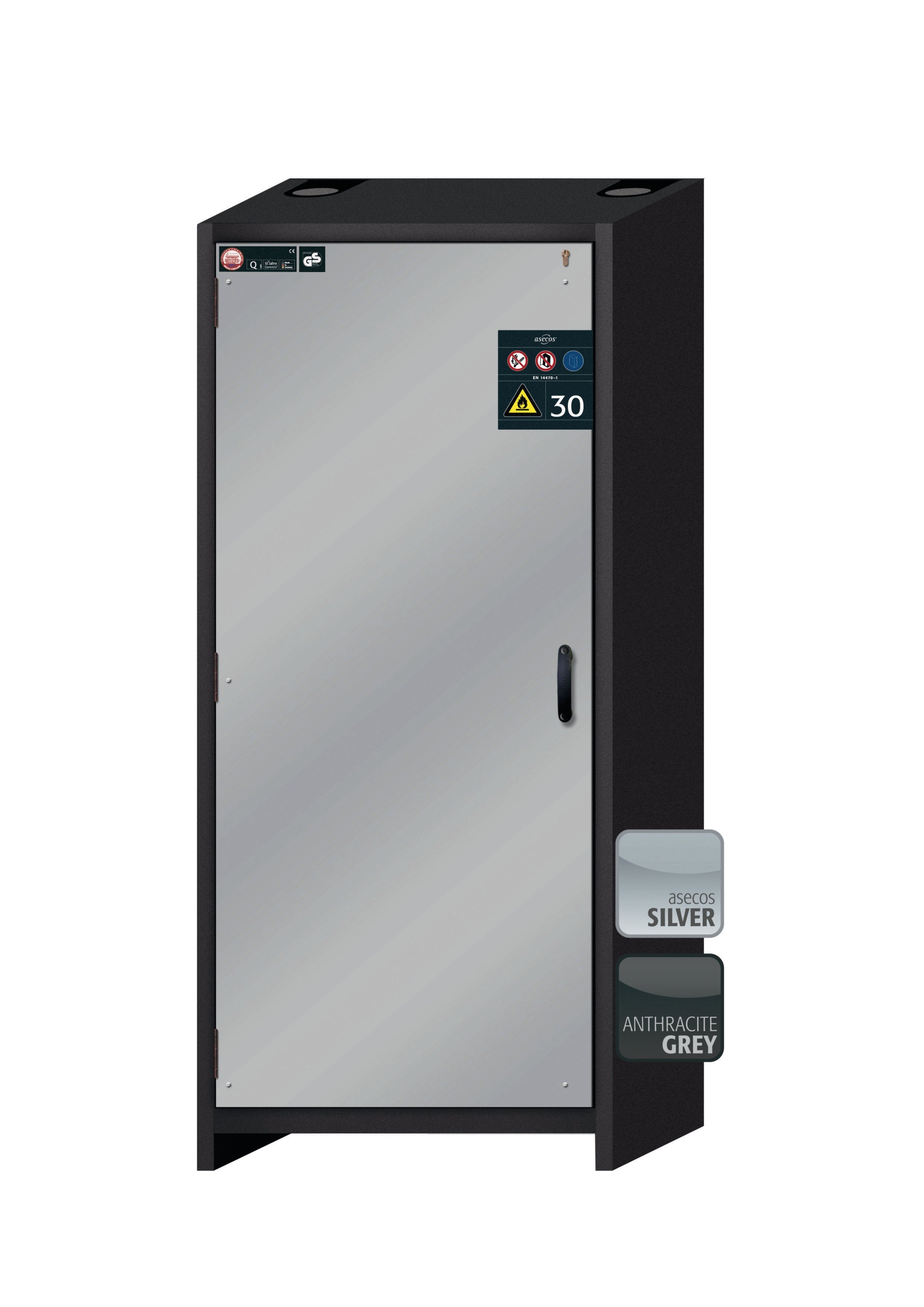 Typ 30 Sicherheitsschrank Q-CLASSIC-30 Modell Q30.195.086.WD in asecos Silber mit 5x Auszugswanne Standard (Edelstahl 1.4301)