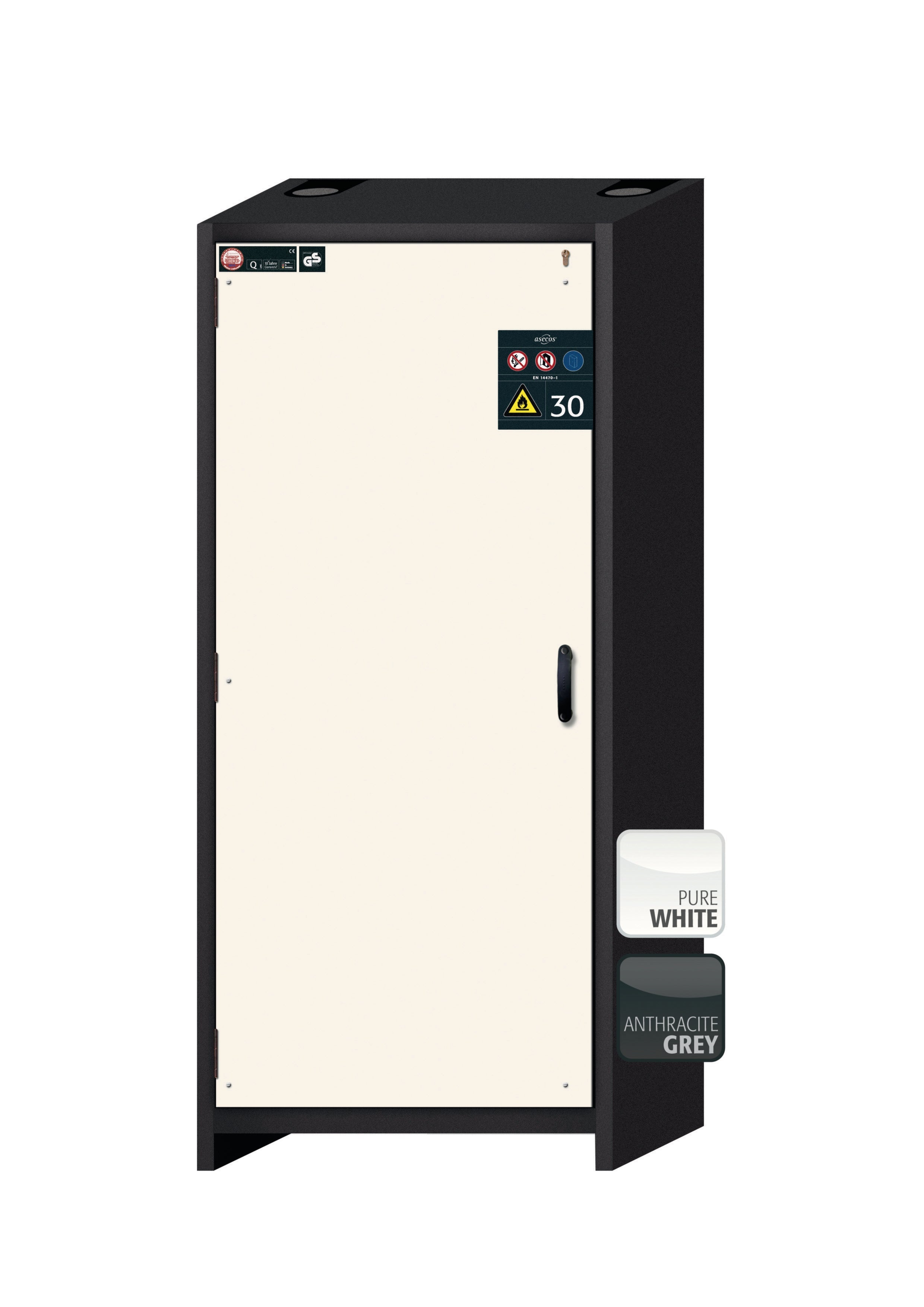 Typ 30 Sicherheitsschrank Q-CLASSIC-30 Modell Q30.195.086.WD in reinweiss RAL 9010 mit 6x Auszugswanne Standard (Edelstahl 1.4301)