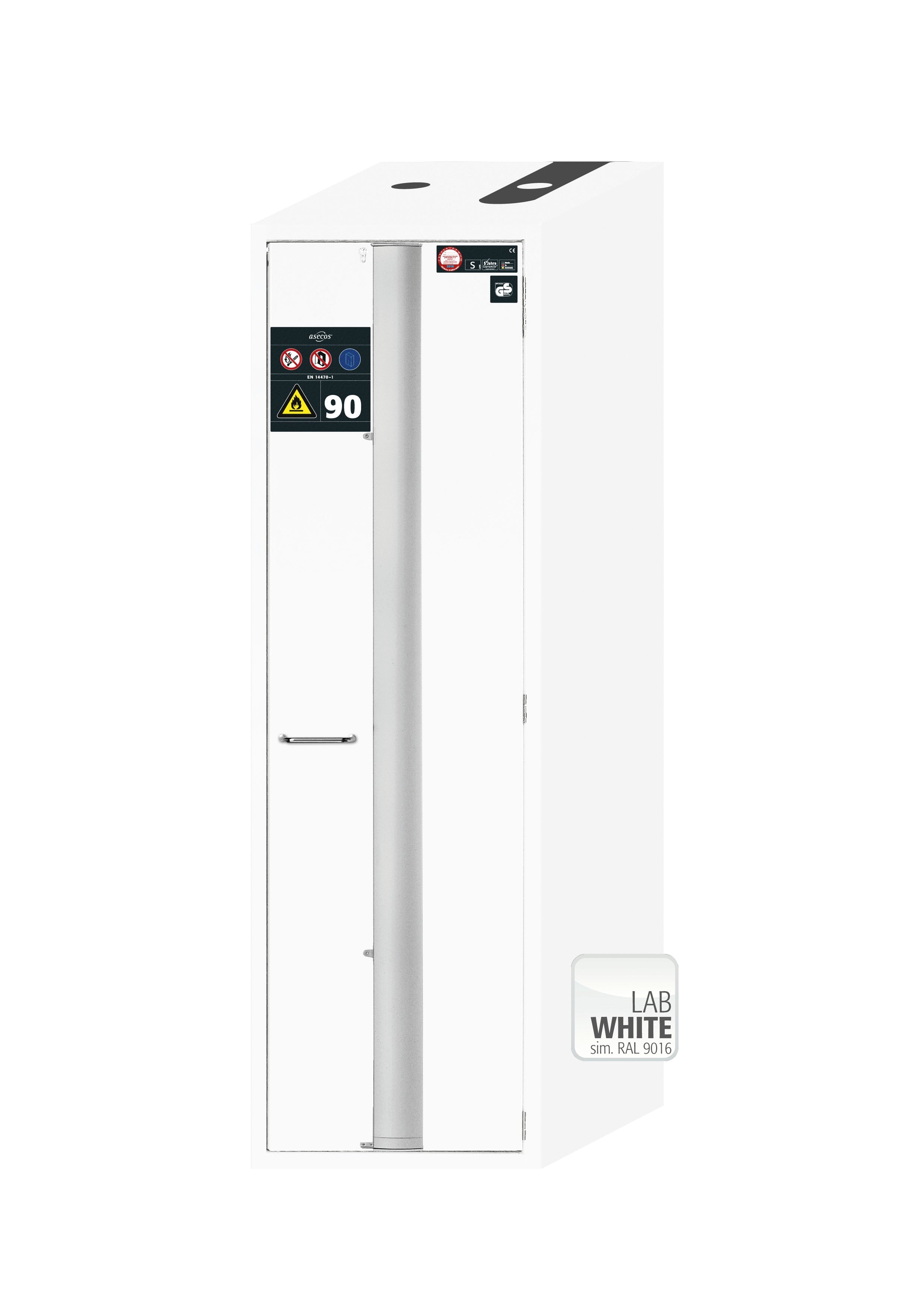 Armoire de sécurité type 90 S-PHOENIX-90 modèle S90.196.060.075.FDASR en blanc de laboratoire (similaire à RAL 9016) avec 4x plateaux coulissants standard (tôle d'acier)