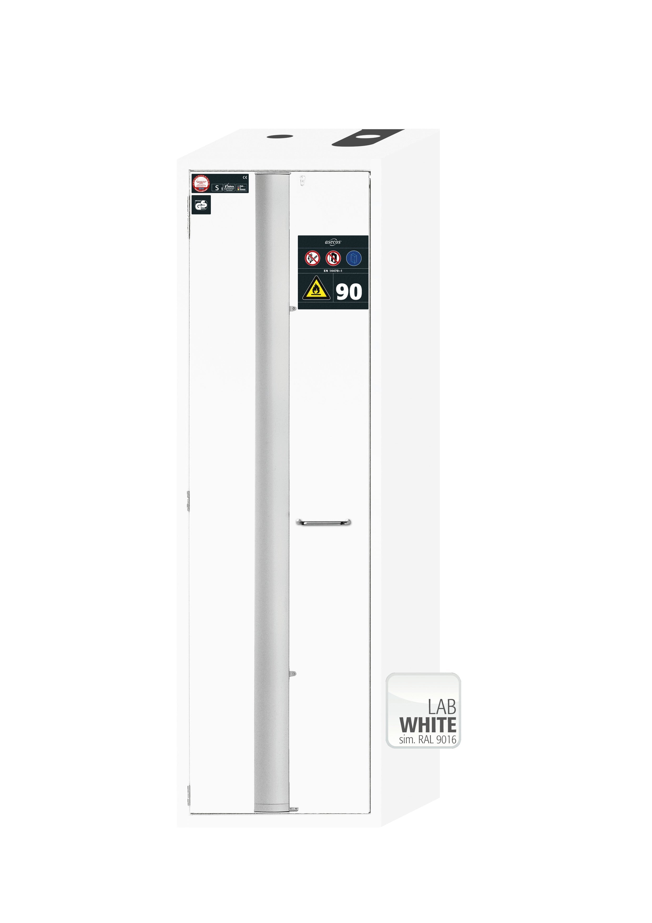 Armoire de sécurité type 90 S-PHOENIX-90 modèle S90.196.060.FDAS en blanc de laboratoire (similaire à RAL 9016) avec 2x plateaux coulissants standard (acier inoxydable 1.4301)