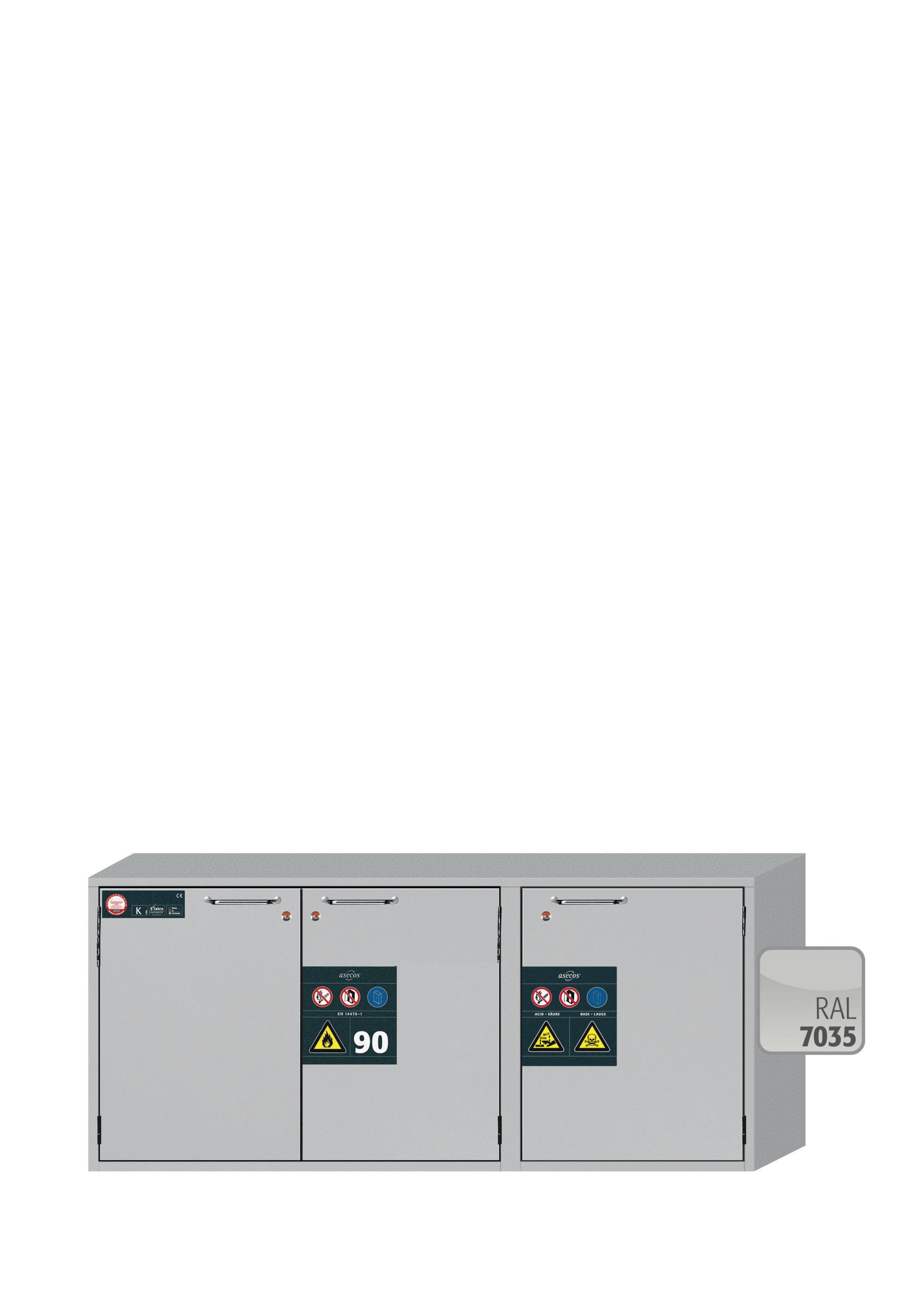 Typ 90 Kombi-Sicherheitsschrank K-UB-90 Modell K90.060.140.050.UB.3T in lichtgrau RAL 7035 mit 1x Fachboden Standard (Stahlblech)