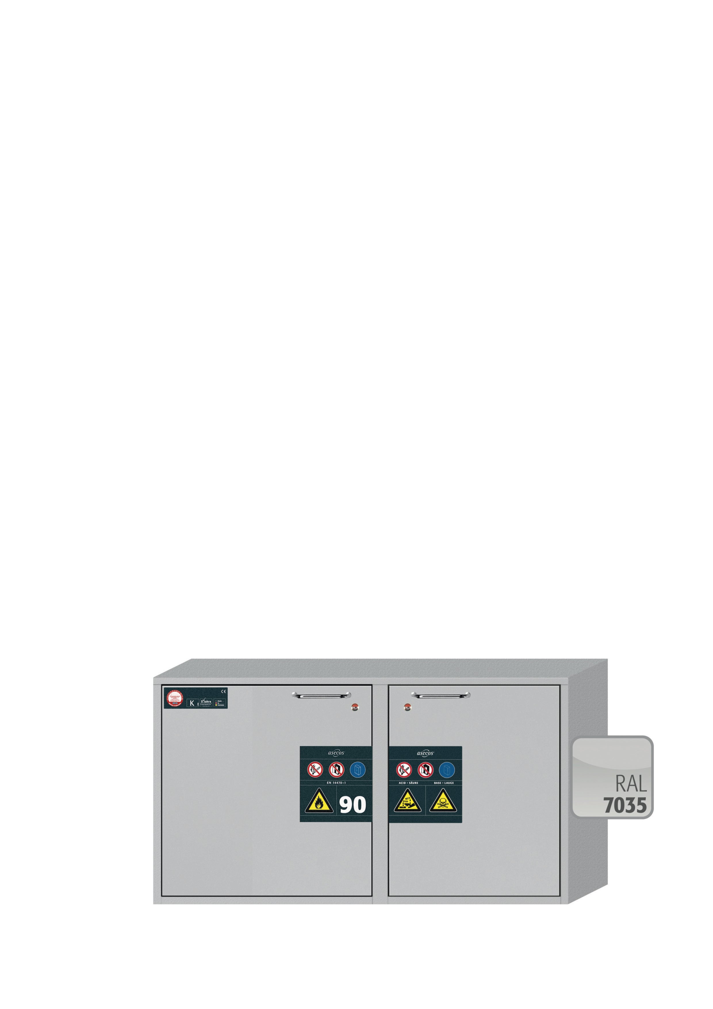 Typ 90 Kombi-Sicherheitsschrank K-UB-90 Modell K90.060.110.050.UB.2T in lichtgrau RAL 7035 mit 1x Fachboden Standard (Stahlblech)