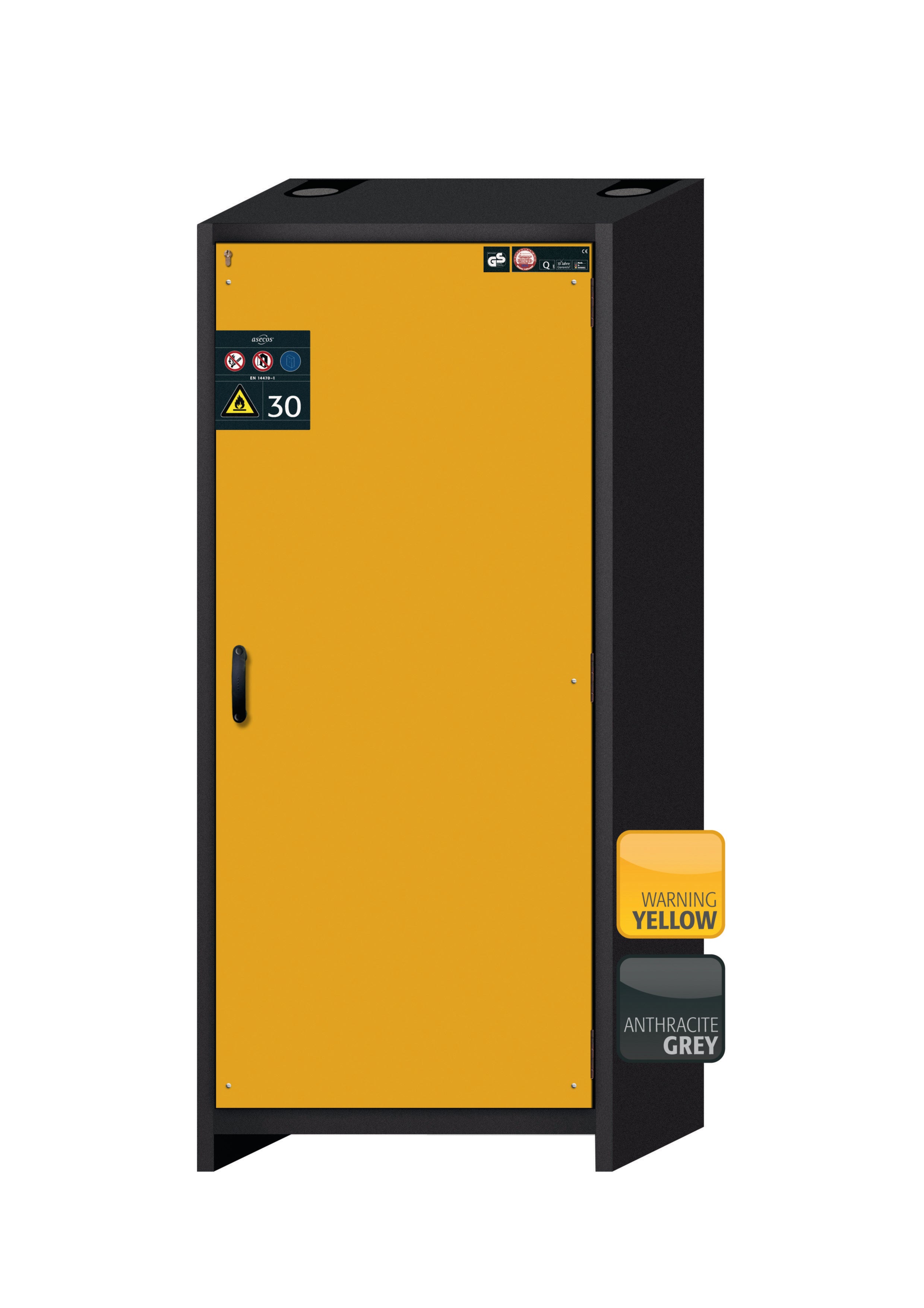 Armoire de sécurité type 30 Q-CLASSIC-30 modèle Q30.195.086.WDR en jaune de sécurité RAL 1004 avec 6 plateaux coulissants standard (acier inoxydable 1.4301)