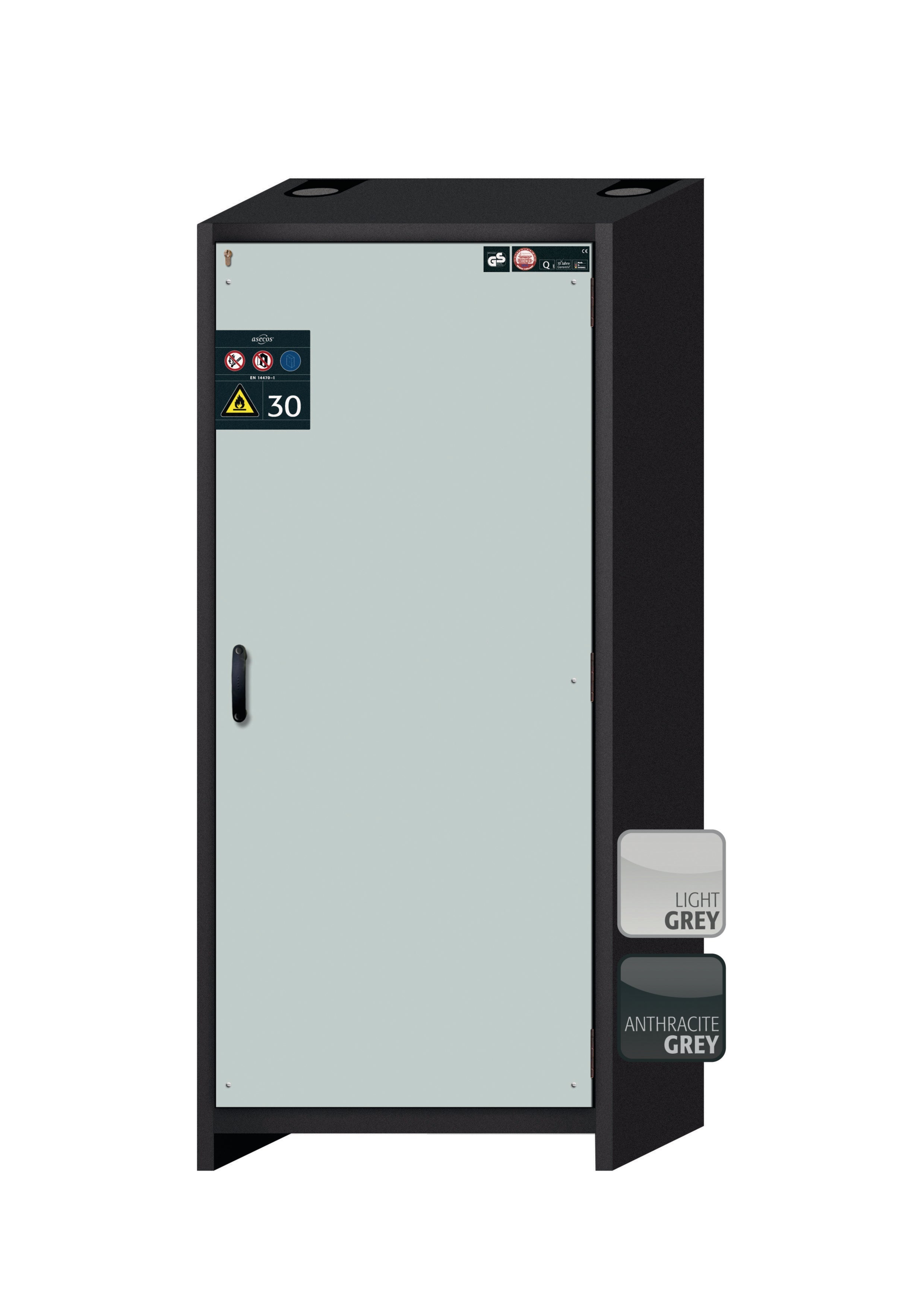 Armoire de sécurité type 30 Q-CLASSIC-30 modèle Q30.195.086.WDR en gris clair RAL 7035 avec 5x plateau coulissant standard (tôle d'acier)