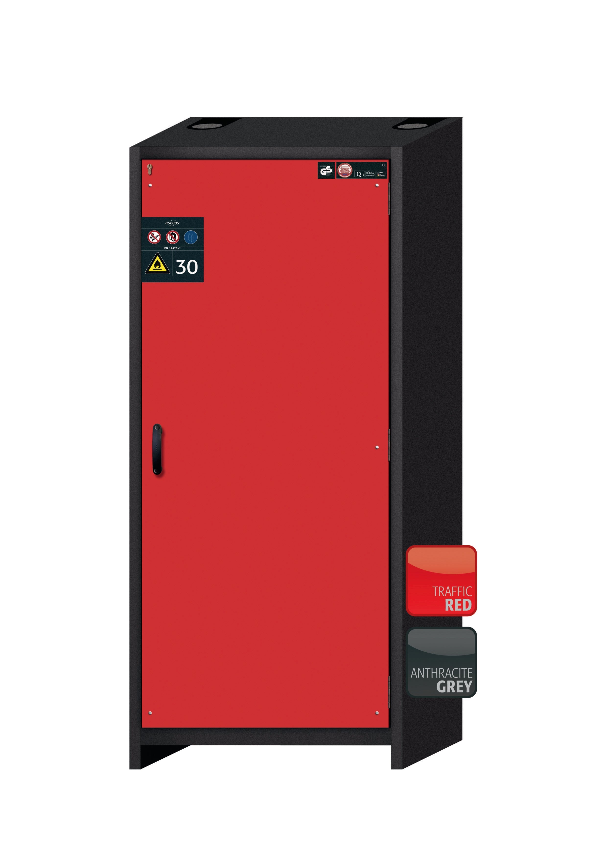 Armoire de sécurité type 30 Q-CLASSIC-30 modèle Q30.195.086.WDR en rouge signalisation RAL 3020 avec 5x plateaux coulissants standard (acier inoxydable 1.4301)