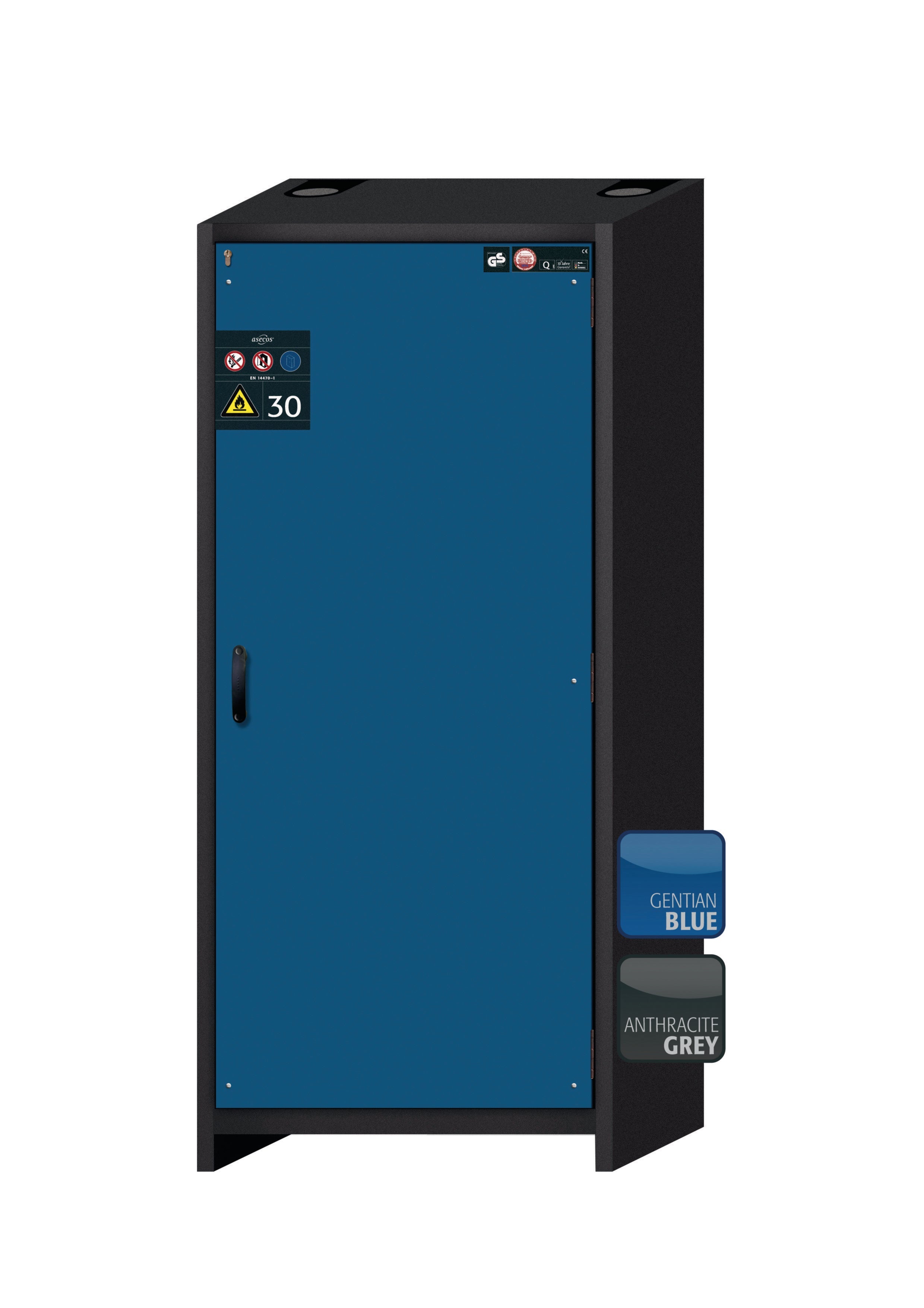 Armoire de sécurité type 30 Q-CLASSIC-30 modèle Q30.195.086.WDR en bleu gentiane RAL 5010 avec 5x plateau coulissant standard (tôle d'acier)