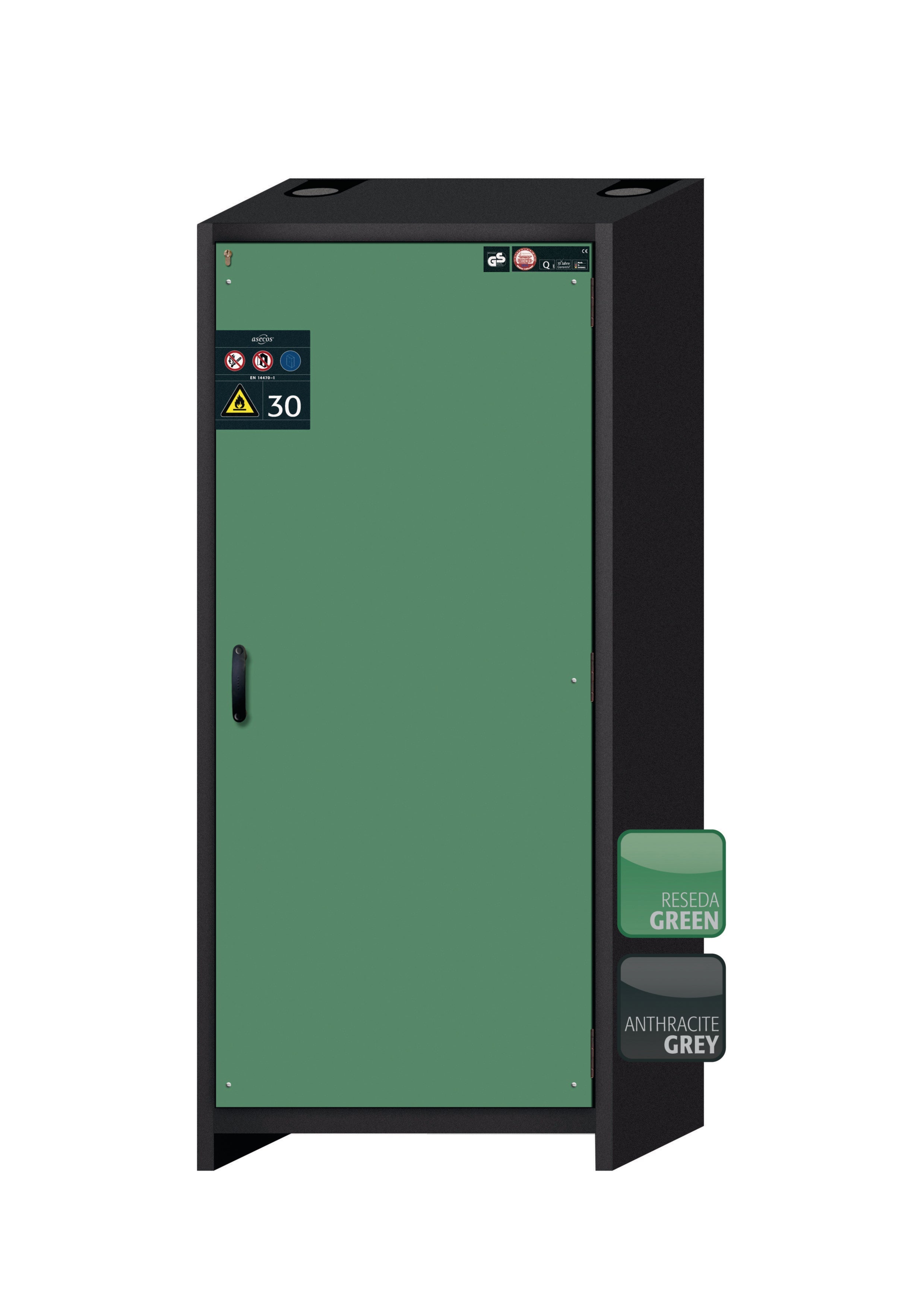 Armoire de sécurité type 30 Q-CLASSIC-30 modèle Q30.195.086.WDR en vert réséda RAL 6011 avec 4x plateaux coulissants standard (tôle d'acier)