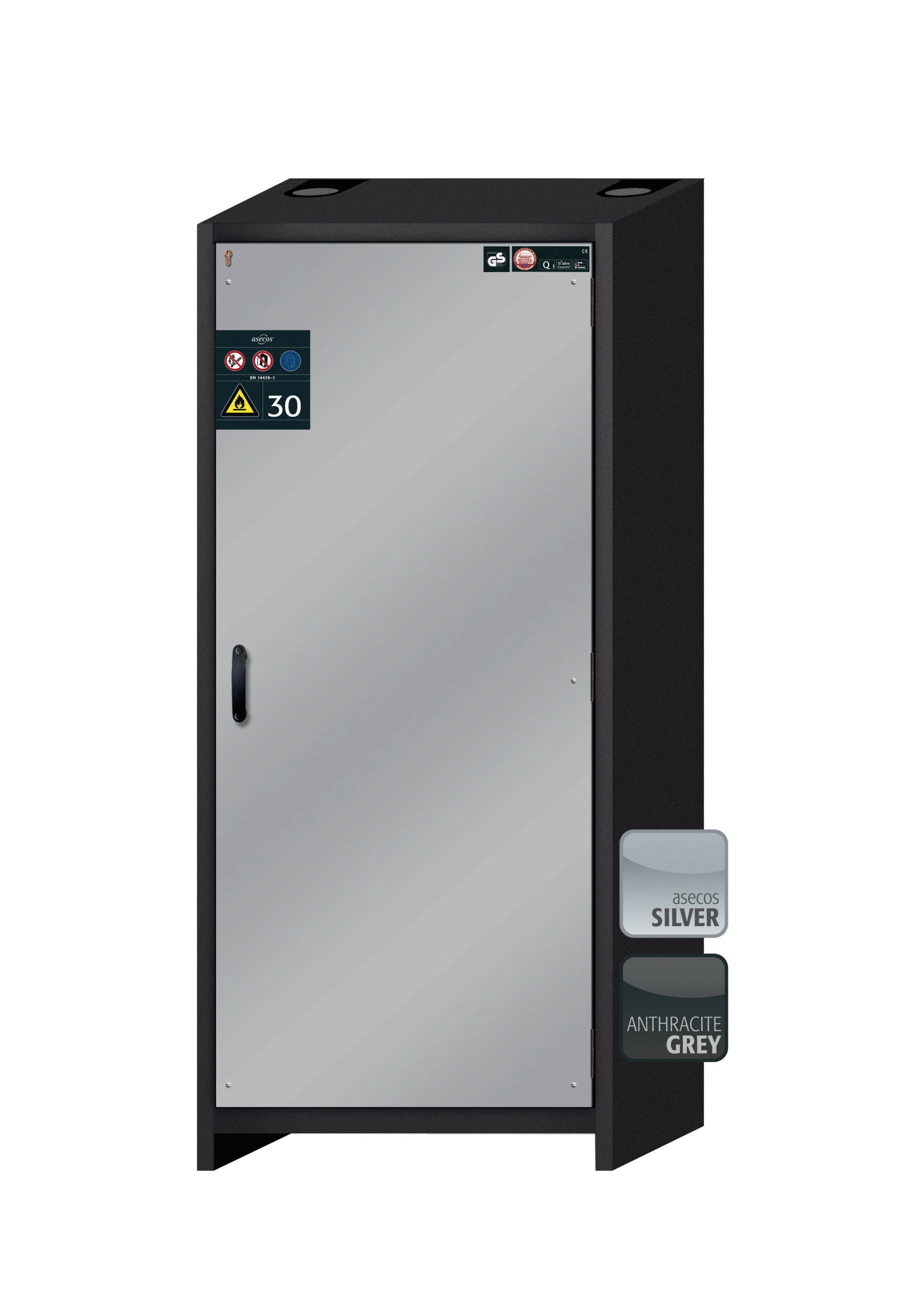 Armoire de sécurité type 30 Q-CLASSIC-30 modèle Q30.195.086.WDR en argent asecos avec 6x plateau coulissant standard (tôle d'acier)