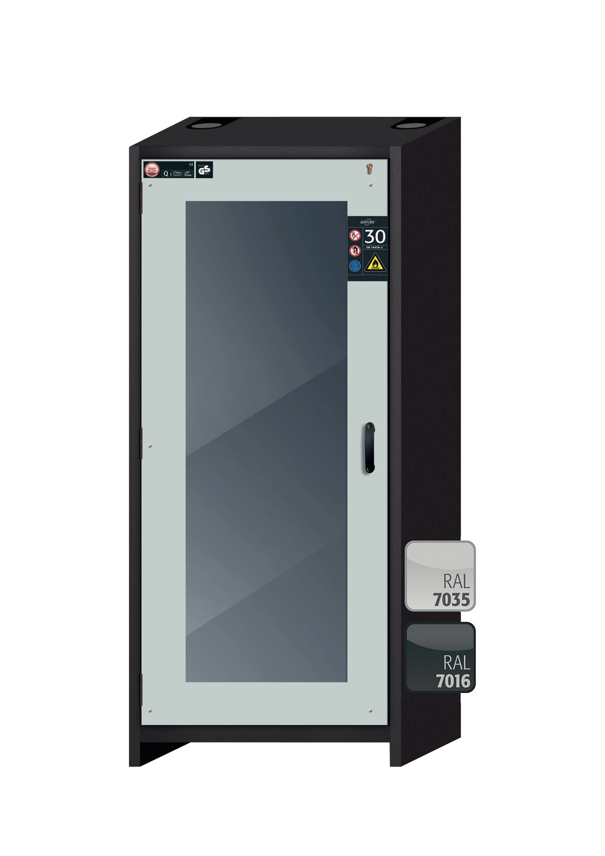 Type 30 safety cabinet Q-DISPLAY-30 model Q30.195.086.WDFW in light gray RAL 7035 with 5x standard pull-out tray (sheet steel)