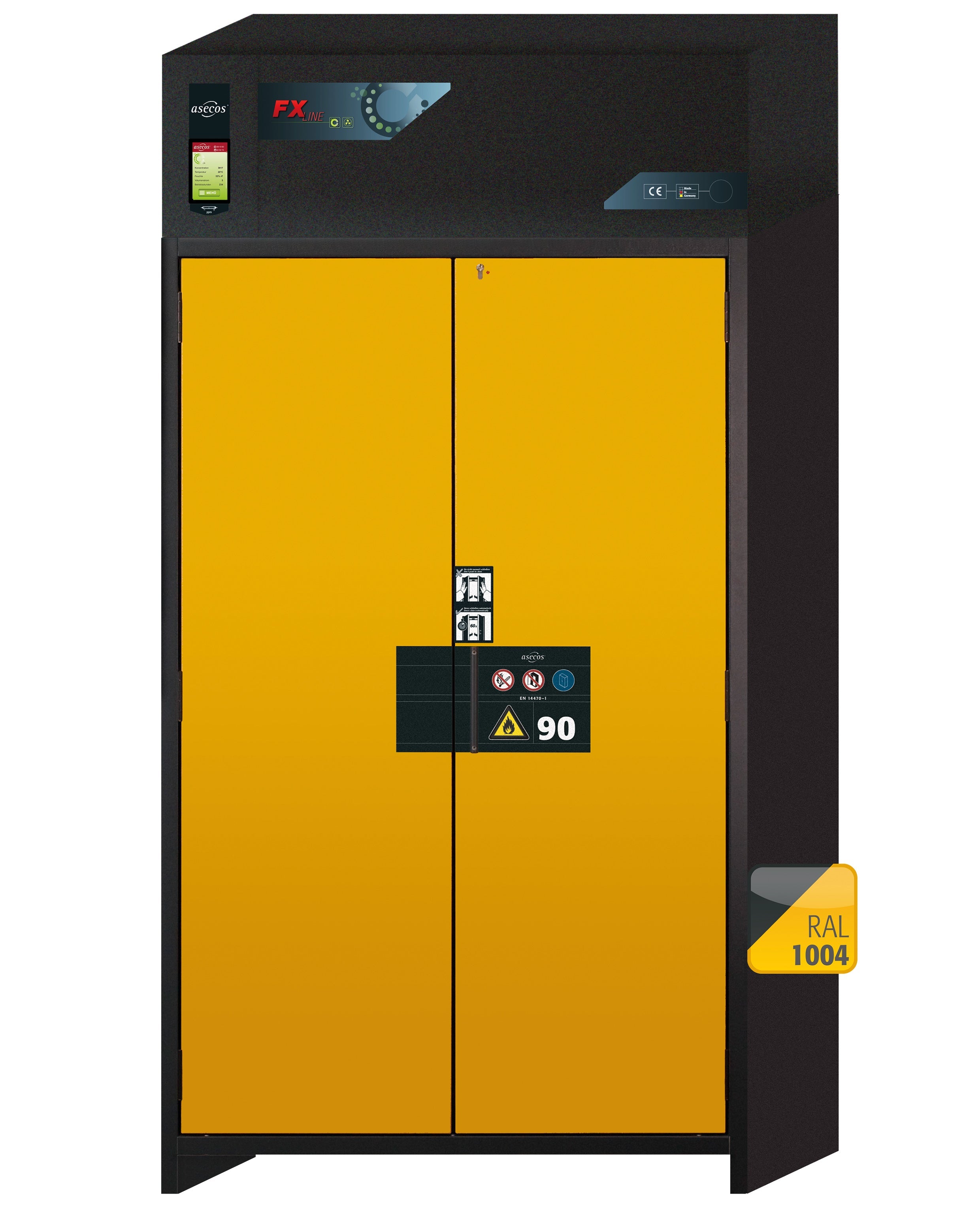 Armoire de filtration d'air de recirculation de type 90 FX-PEGASUS-90 modèle FX90.229.120.WDAC en jaune de sécurité RAL 1004 avec 2 plateaux coulissants standard (acier inoxydable 1.4301)