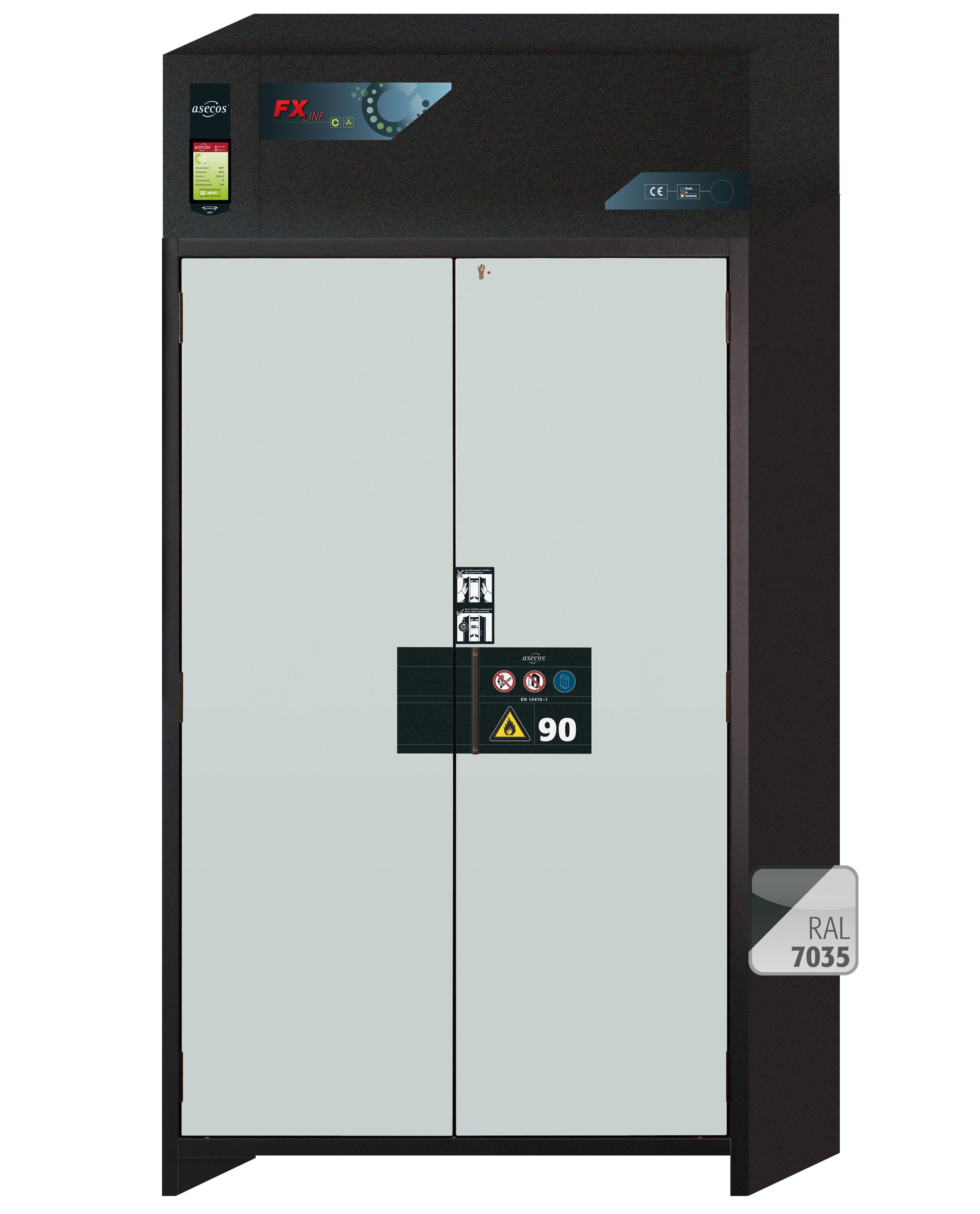 Armoire de filtration d'air de recirculation de type 90 FX-PEGASUS-90 modèle FX90.229.120.WDAC en gris clair RAL 7035 avec 3x pieds de plateau standard (tôle d'acier)