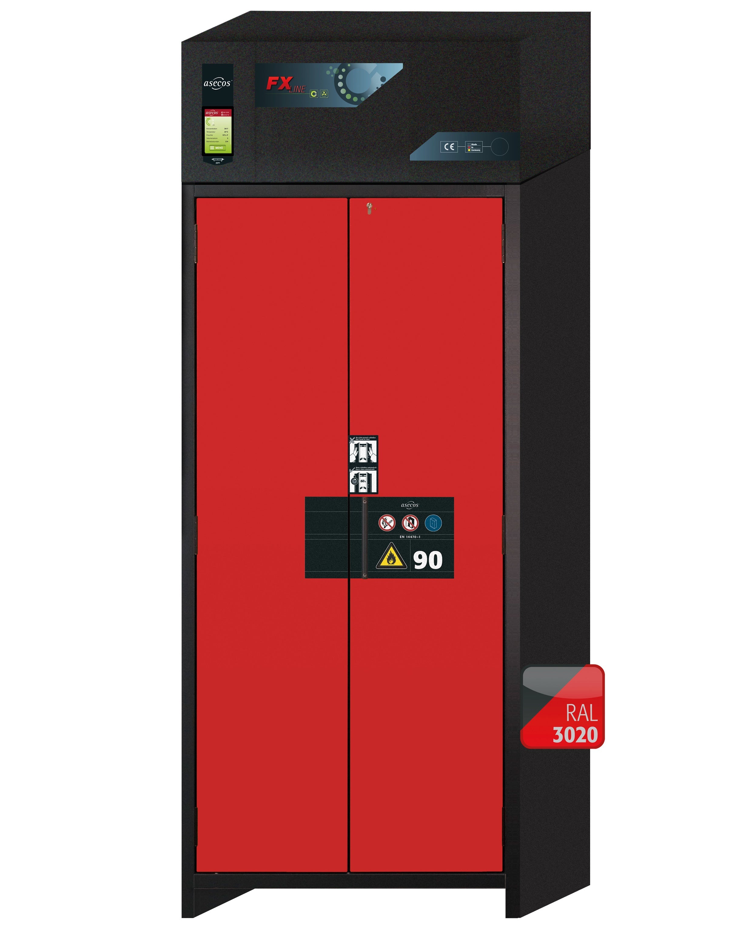 Typ 90 Umluftfilterschrank FX-PEGASUS-90 Modell FX90.229.090.WDAC in verkehrsrot RAL 3020 mit 4x Auszugswanne Standard (Edelstahl 1.4301)