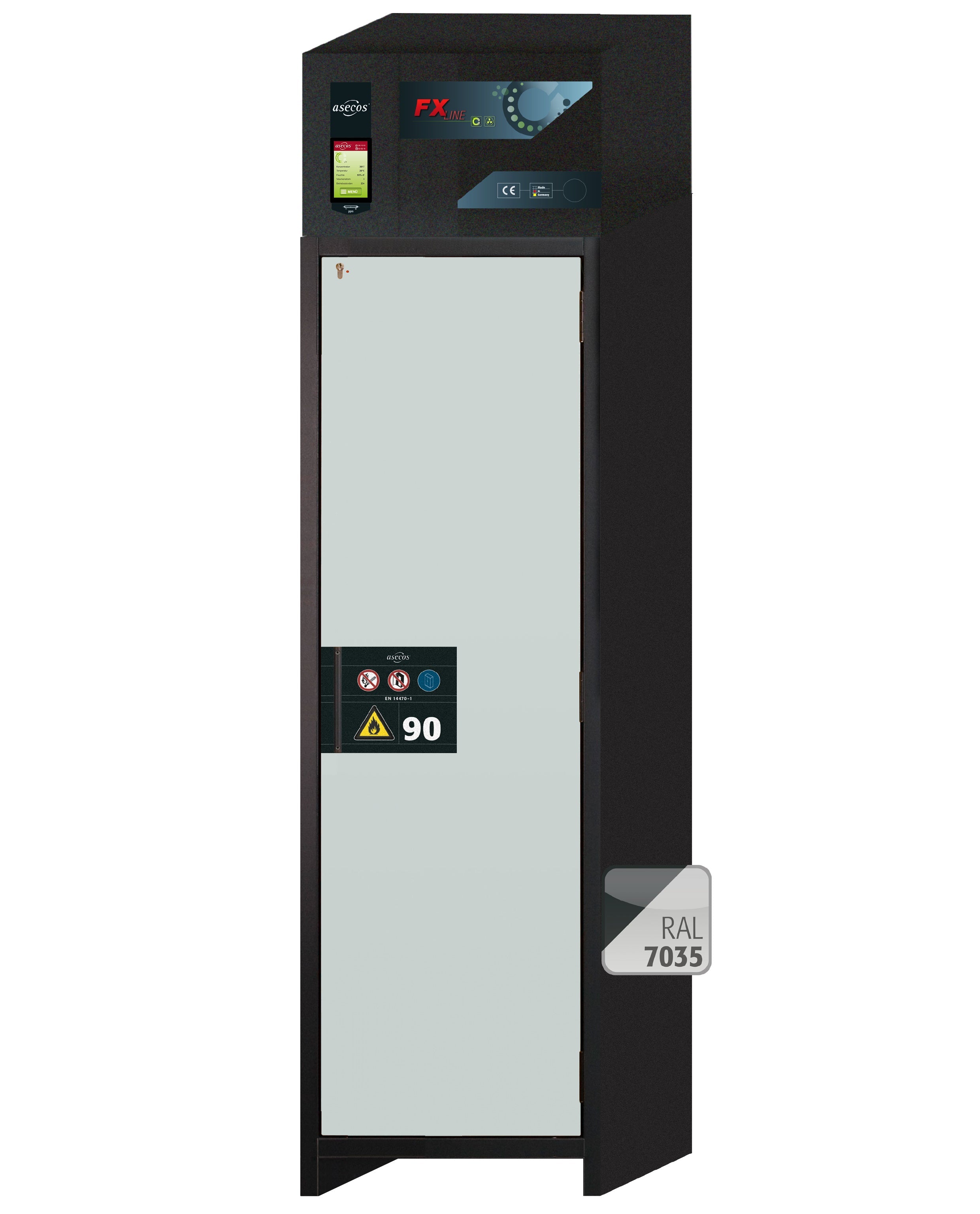 Armoire de filtration d'air de recirculation de type 90 FX-PEGASUS-90 modèle FX90.229.060.WDACR en gris clair RAL 7035 avec 2x pieds de plateau standard (acier inoxydable 1.4301)