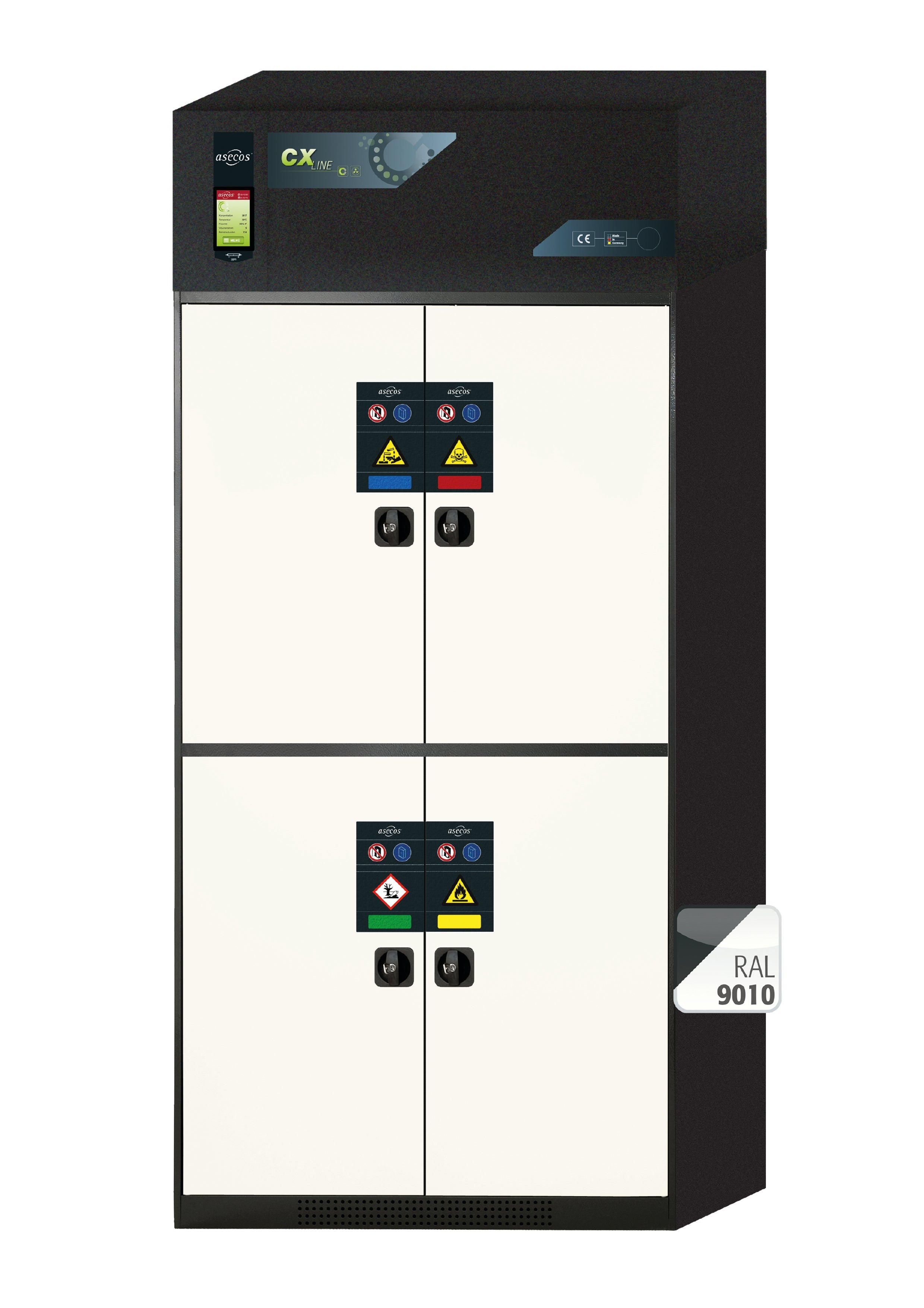 Armoire de filtration d'air à circulation CX-CLASSIC-MultiRisk modèle CX.229.105.MM.4WD en blanc pur RAL 9010 avec 2x étagères standard (tôle d'acier)