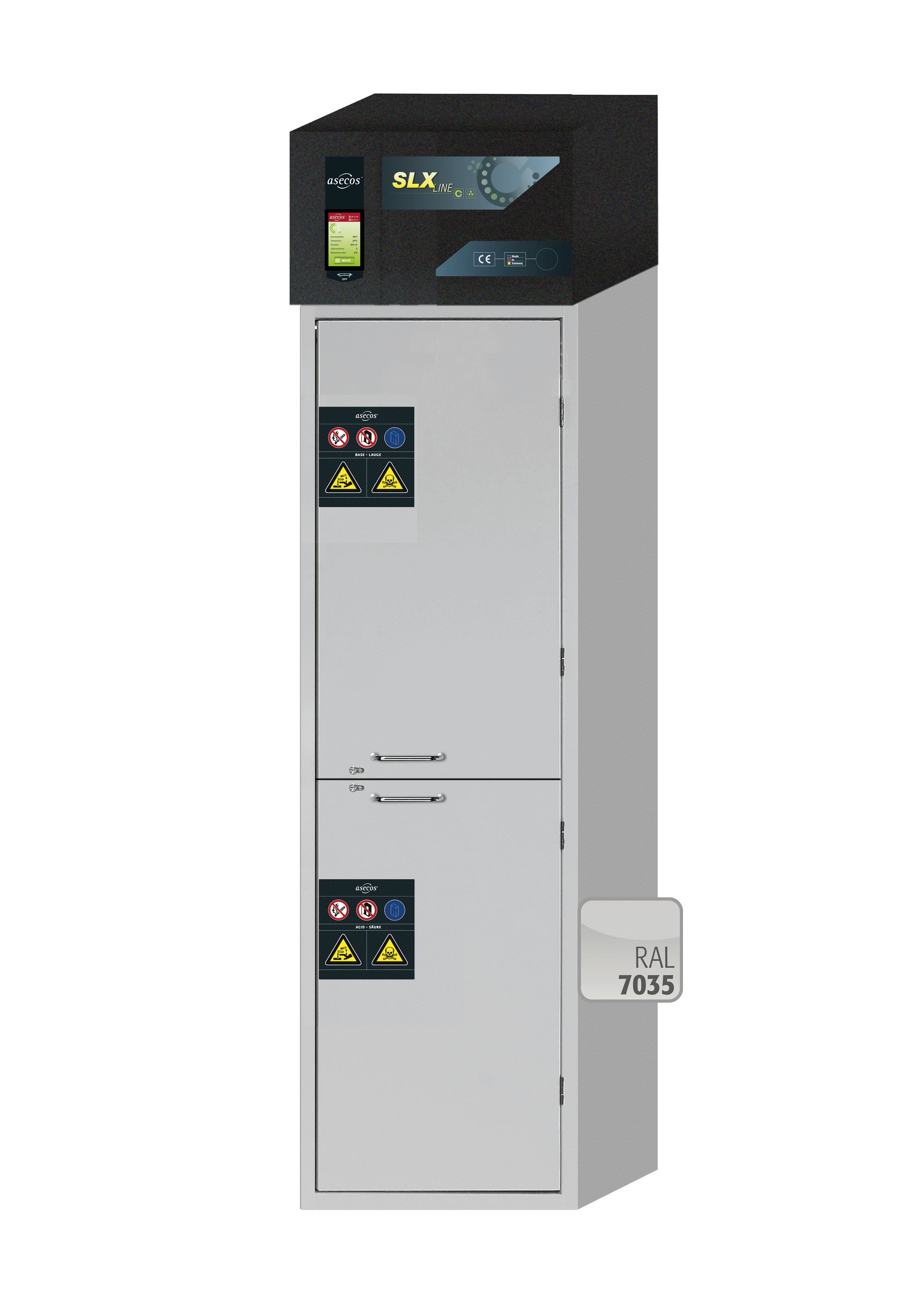 Armoire de filtration d'air à circulation d'air SLX-CLASSIC modèle SLX.230.060.MH.R en gris clair RAL 7035 avec 4 tablettes coulissantes AbZ (plaque FP/polypropylène)